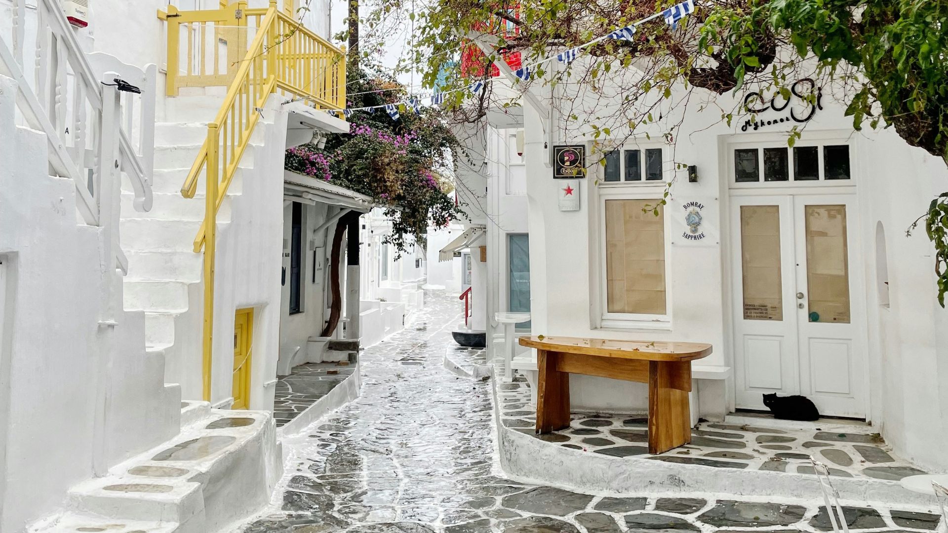 Narrow, stone-paved street lined with white buildings and pink flowers in Mykonos Town.