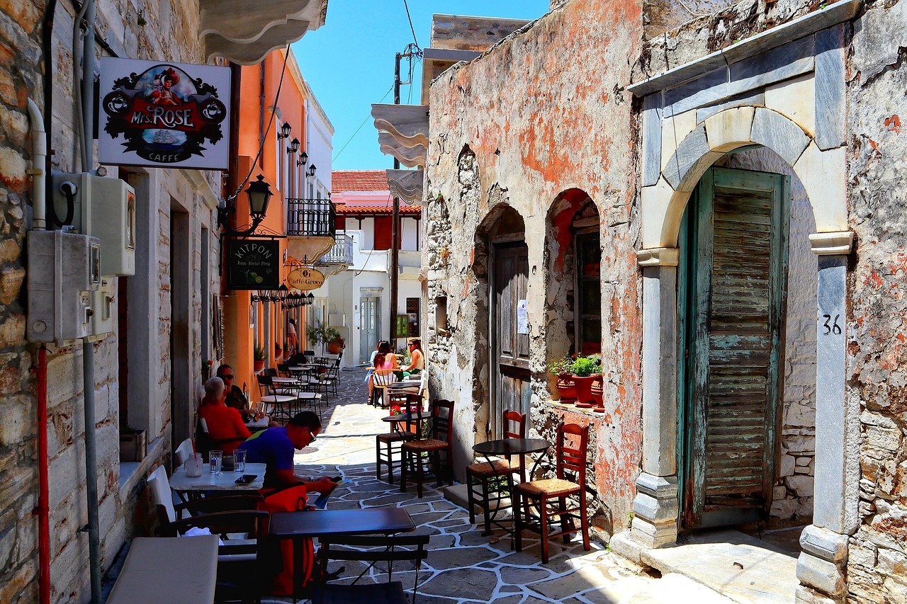 Narrow alley of restaurants in Greece