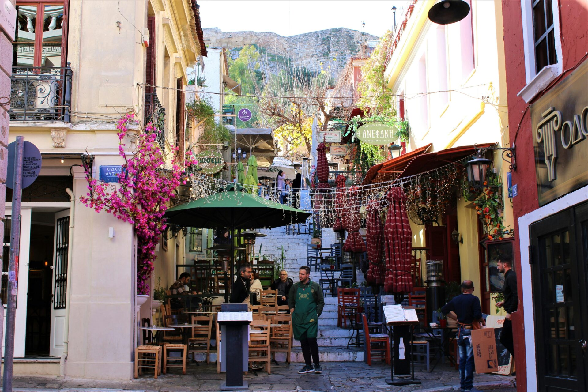 Neighborhood in Athens - cafe tables outside