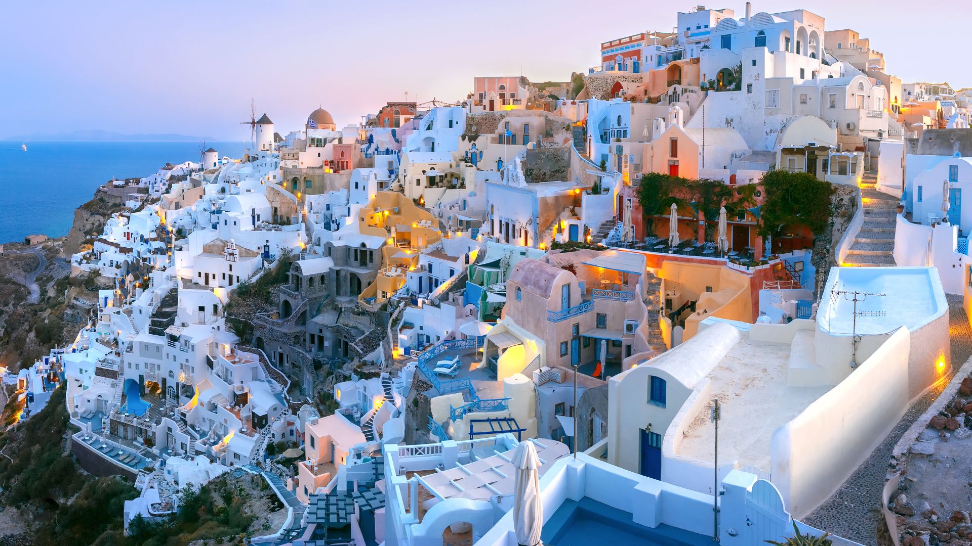 A scenic view of Oia village in Santorini, Greece.