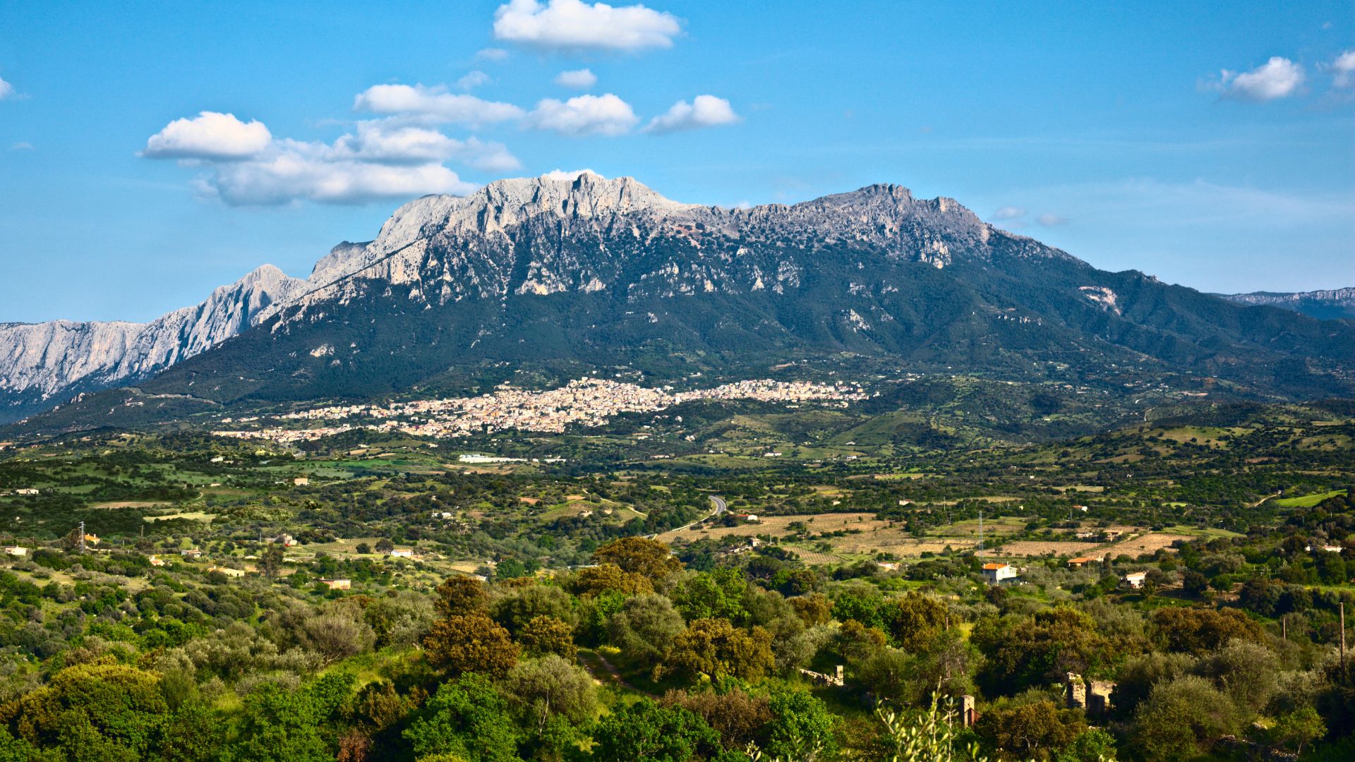  A panoramic view of Oliena, a village nestled at the foot of the rugged Mount Corrasi in Sardinia, Italy, with a landscape of lush green vegetation and a clear blue sky dotted with white clouds.