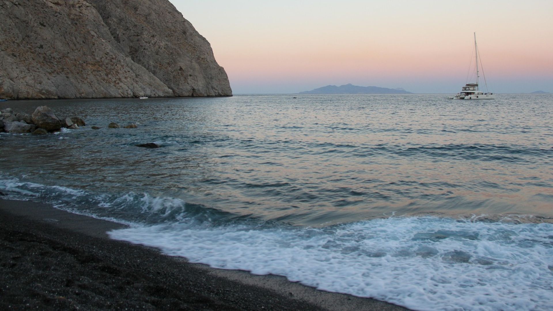 Scenic view of Perissa Beach in Santorini, Greece