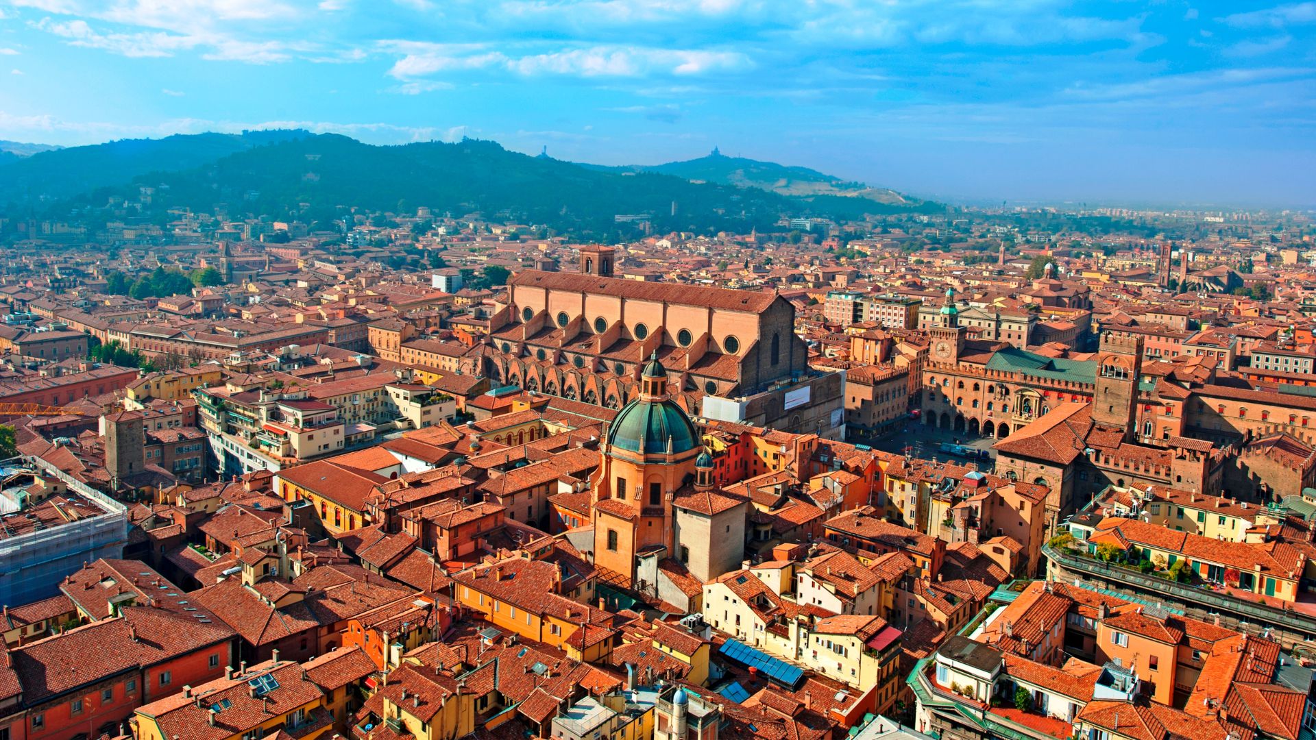Aerial view of Piazza Maggiore in Bologna, Emilia-Romagna Region , Italy.