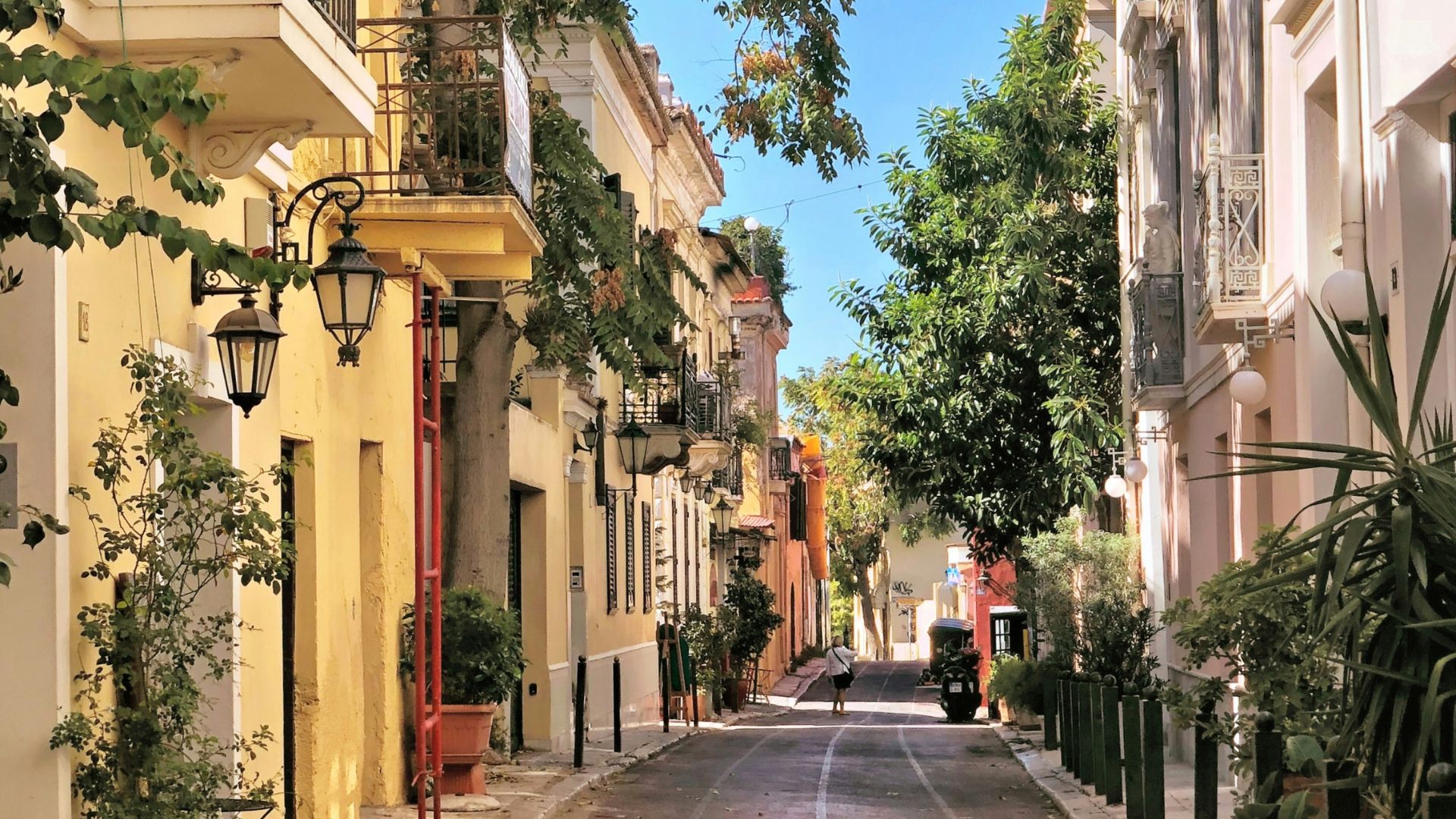 A street in Plaka, Athens, with colorful buildings