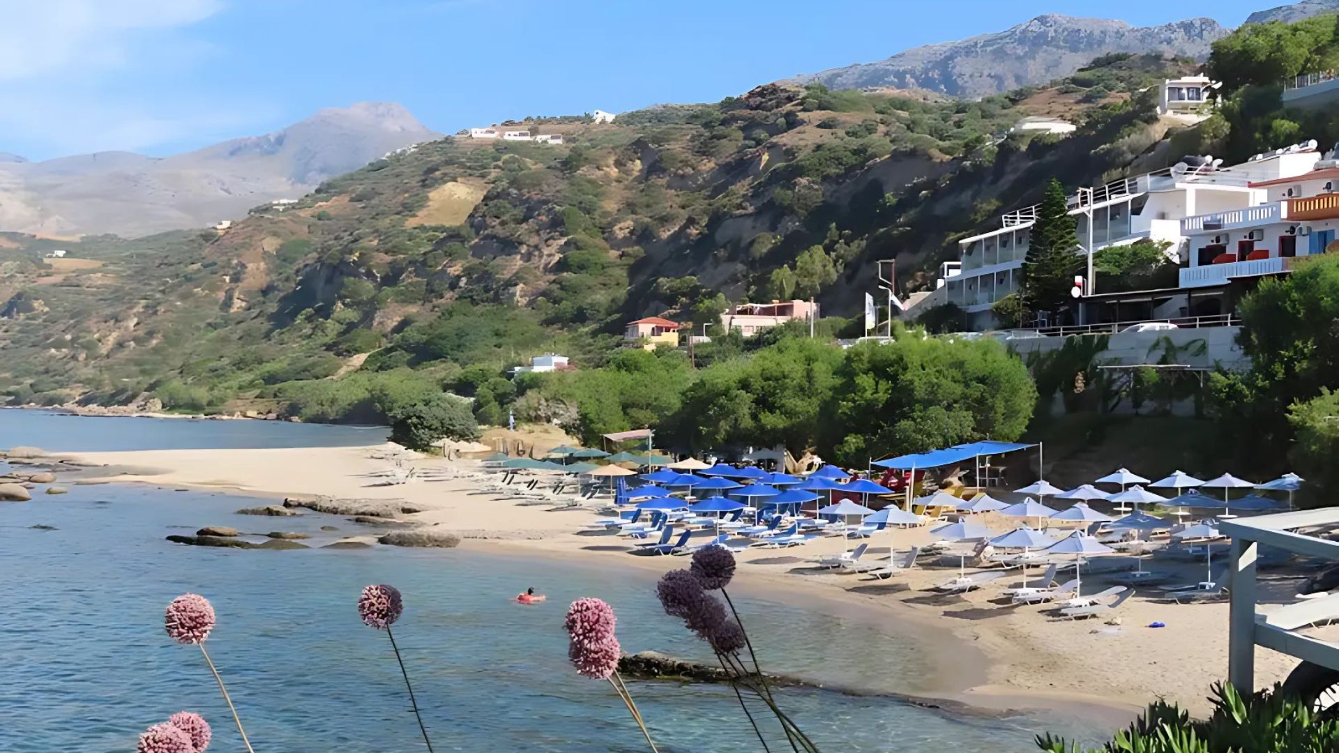 Sandy shore dotted with sunbeds and umbrellas, backed by lush green hills and a few buildings. 