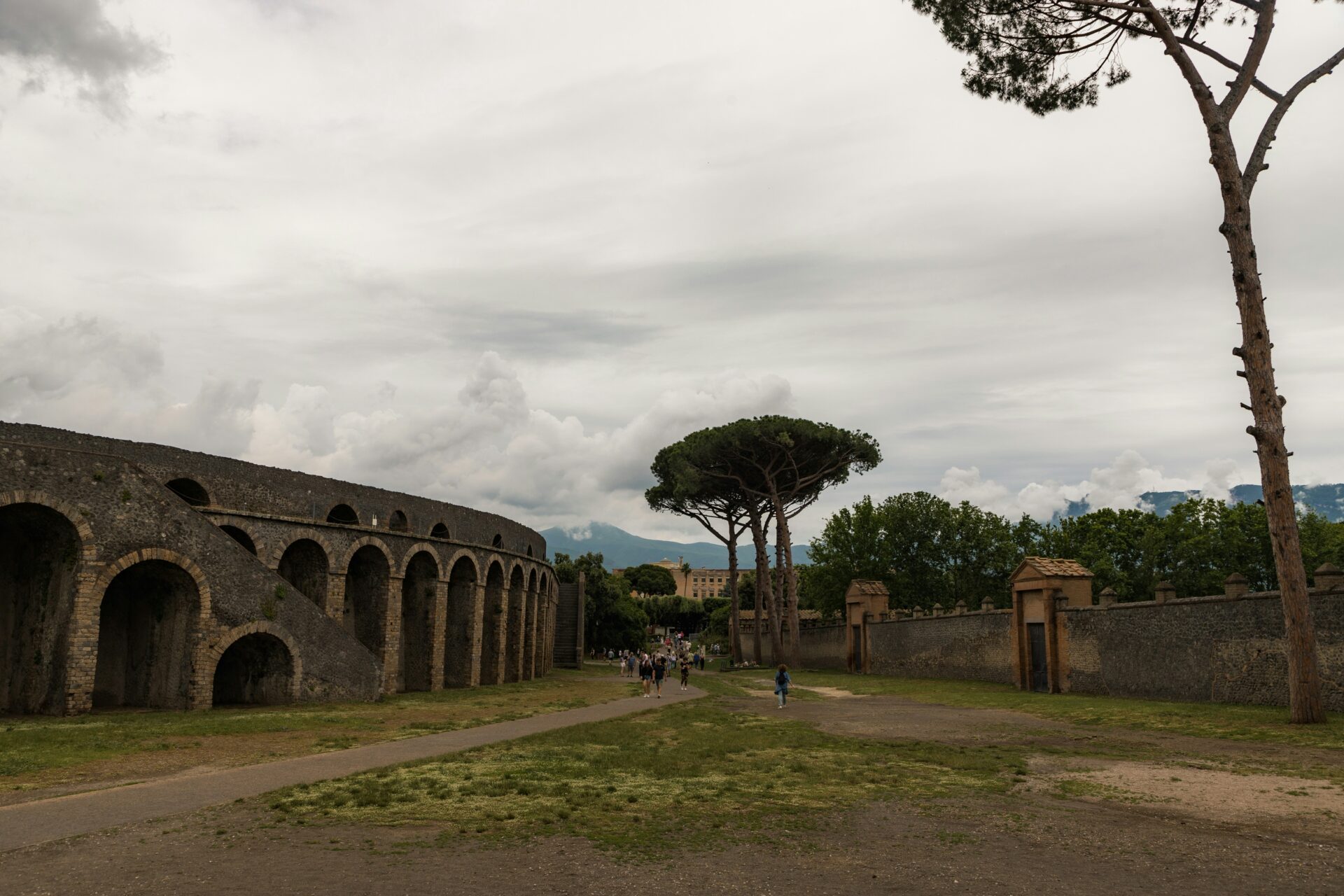 Ancient stone structures and trees at the archaeological site of Pompeii, Italy.