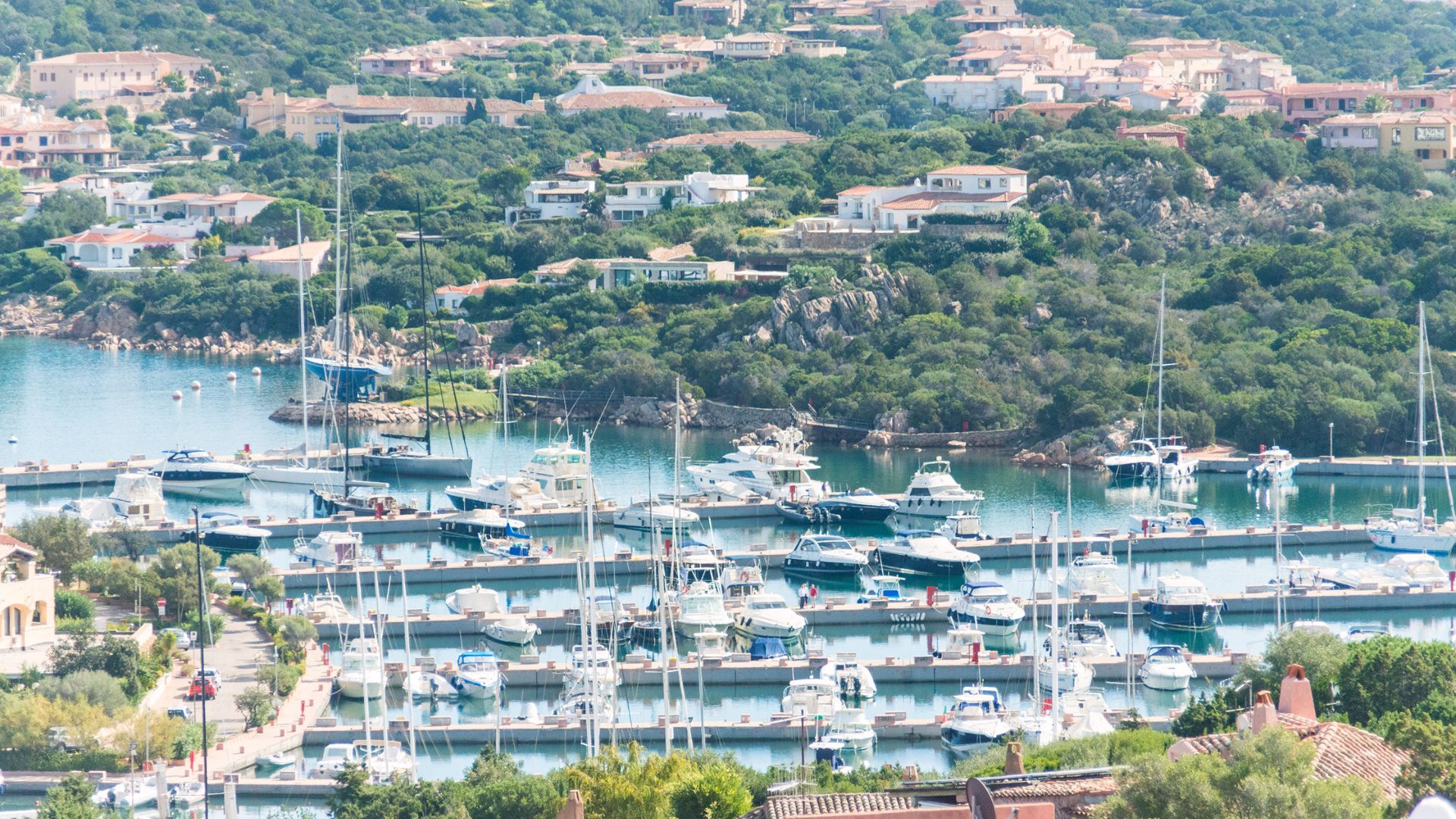 A high-angle view of a marina filled with yachts and boats in Porto Cervo, Sardinia, with residential buildings on a hillside in the background