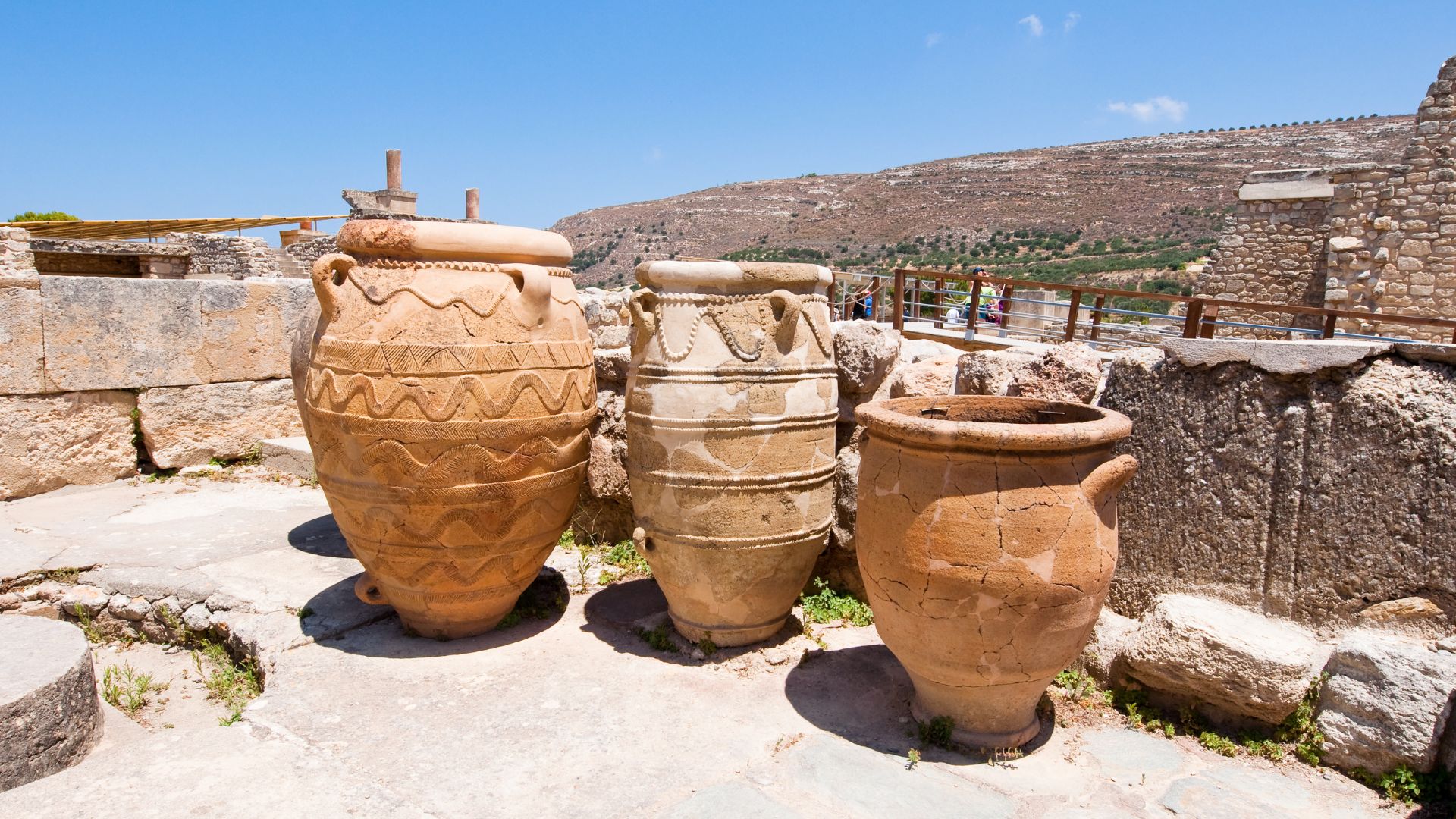 3 pottery jars in Minoan palace of Knossos in Crete, Greece.