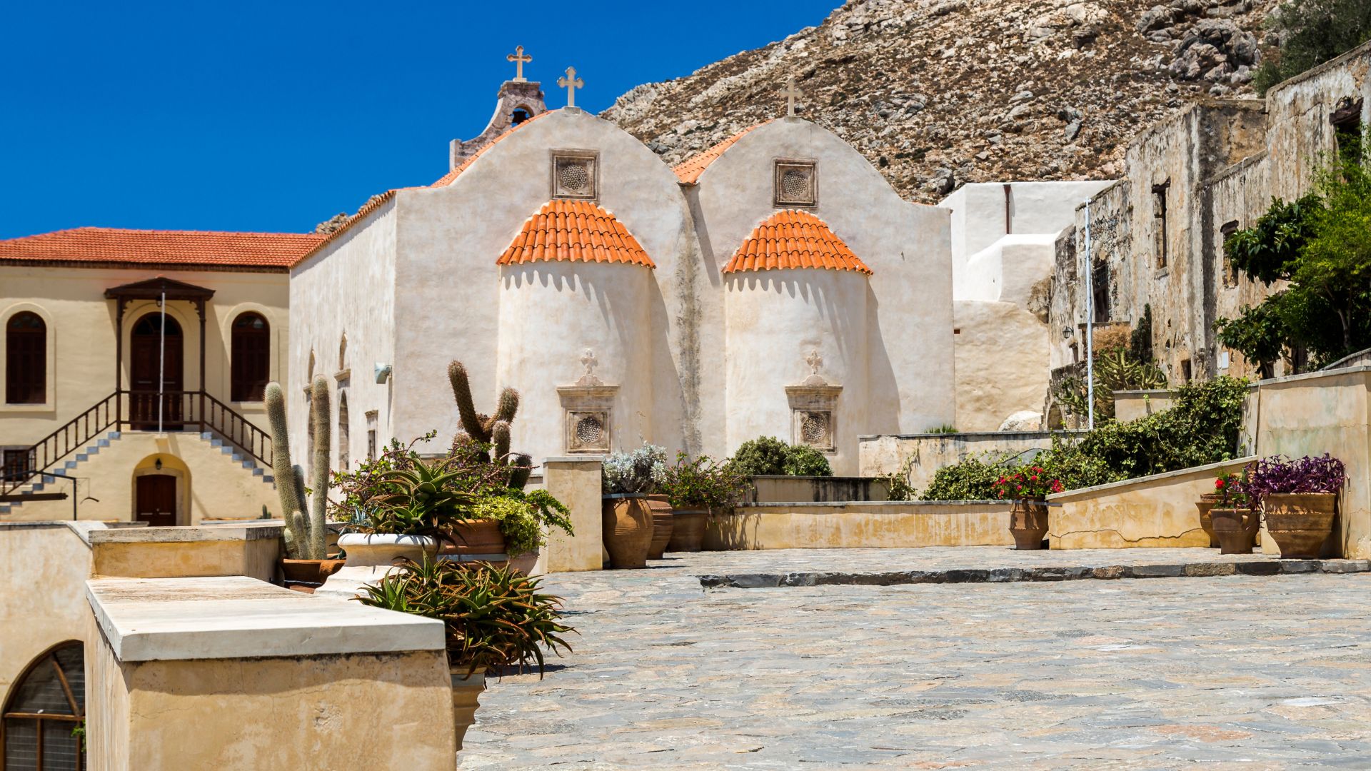 Scenic view of Preveli Monastery in Rethymno in Crete, Greece.