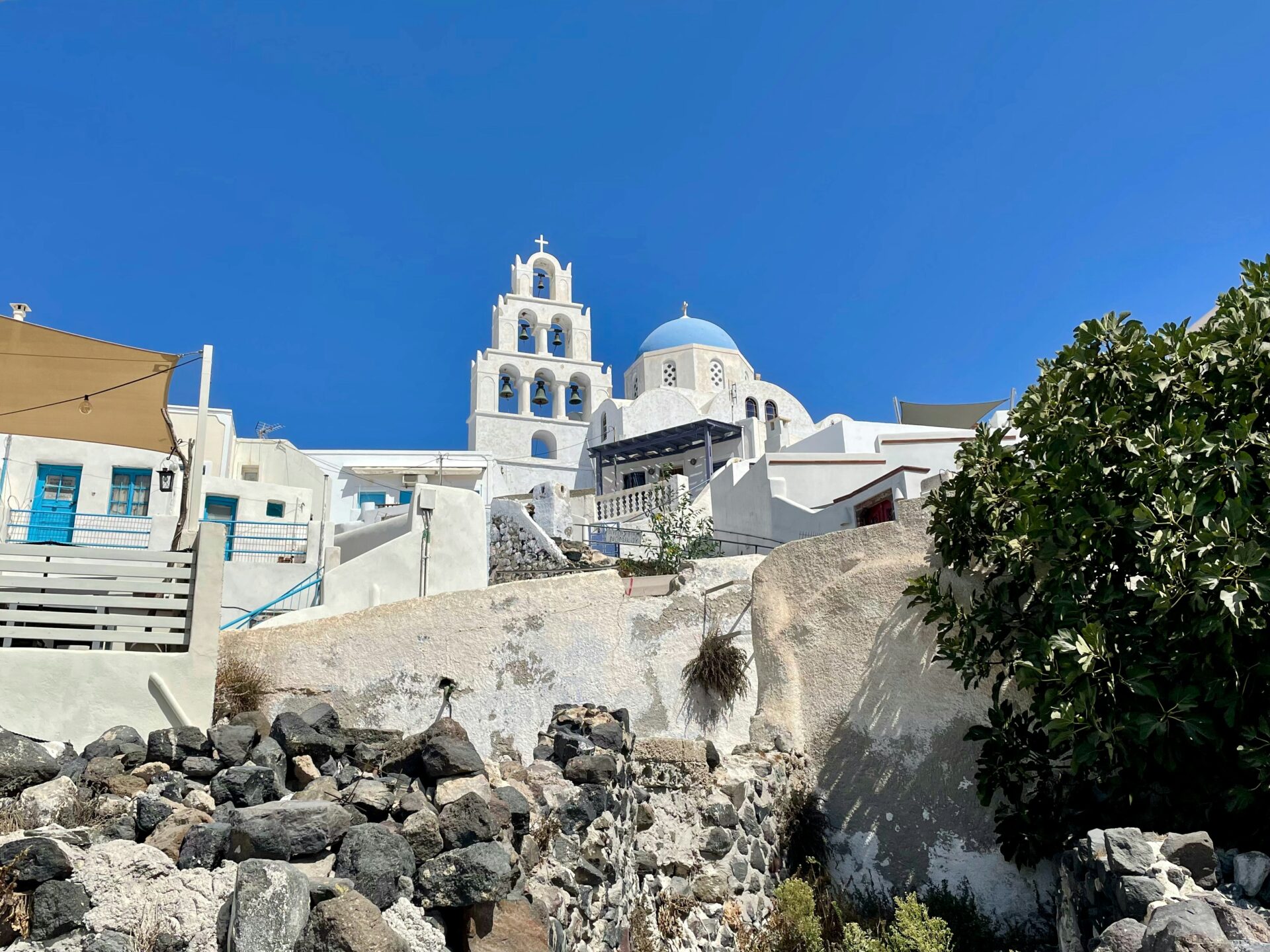Cathedral building with two towers and a large dome in Pyrgos, Greece.