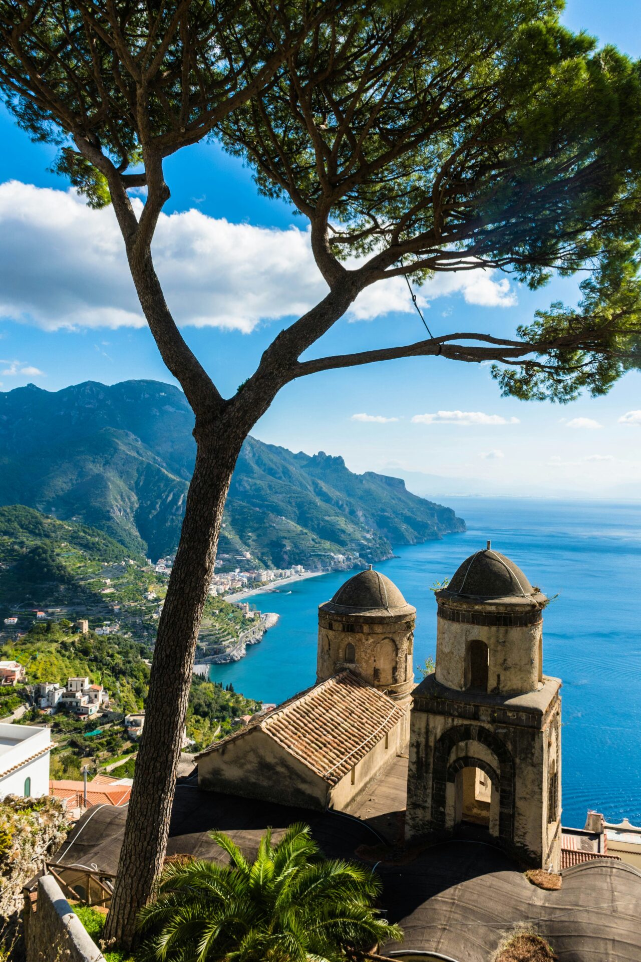 Panoramic view of the Amalfi Coast from Ravello, Salerno, Italy, featuring a large pine tree, historic buildings, and a deep blue sea.