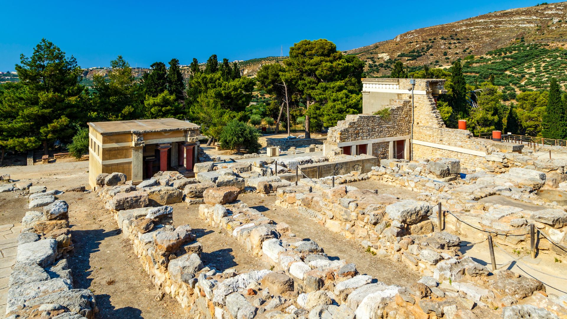 Scenic view of Ruins of the ancient Minoan palace of Knossos in Crete, Greece.