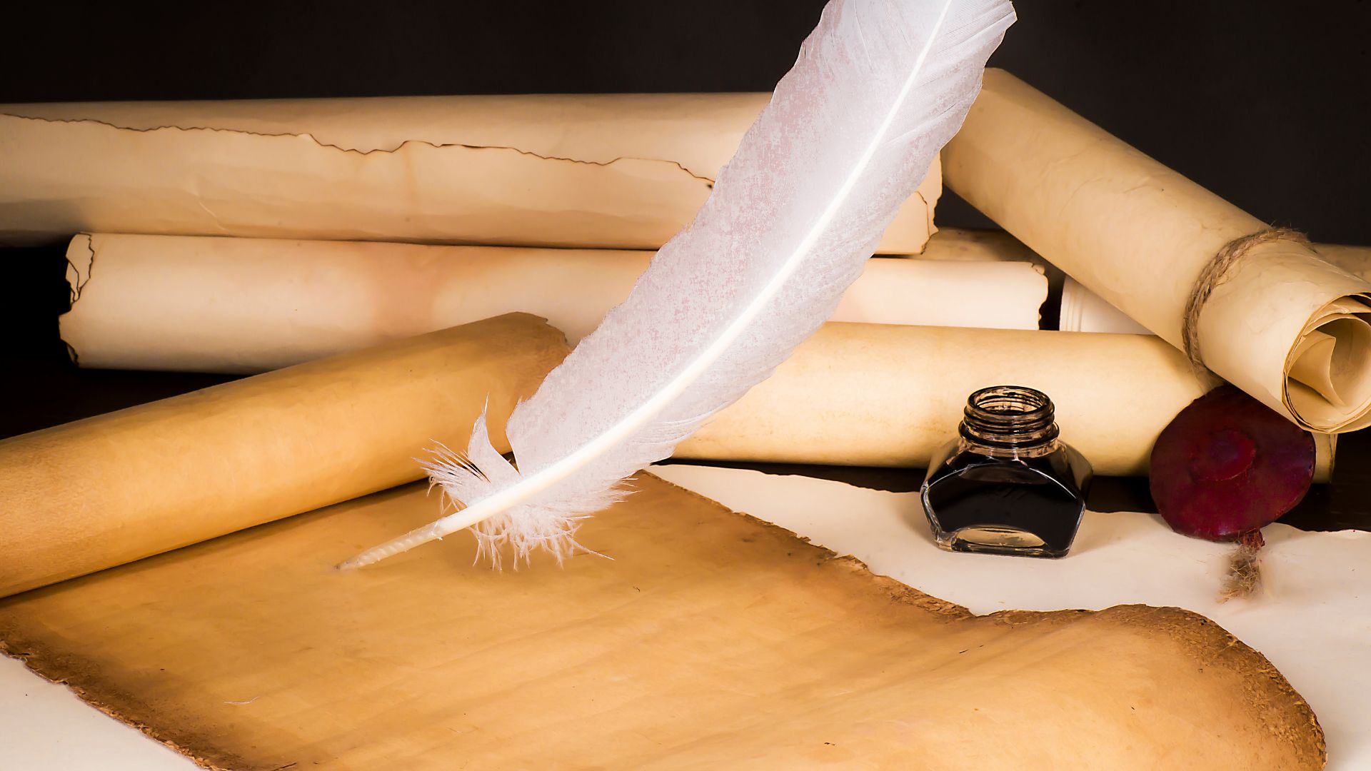The image shows a collection of scrolls, and a blank sheet of papyrus.