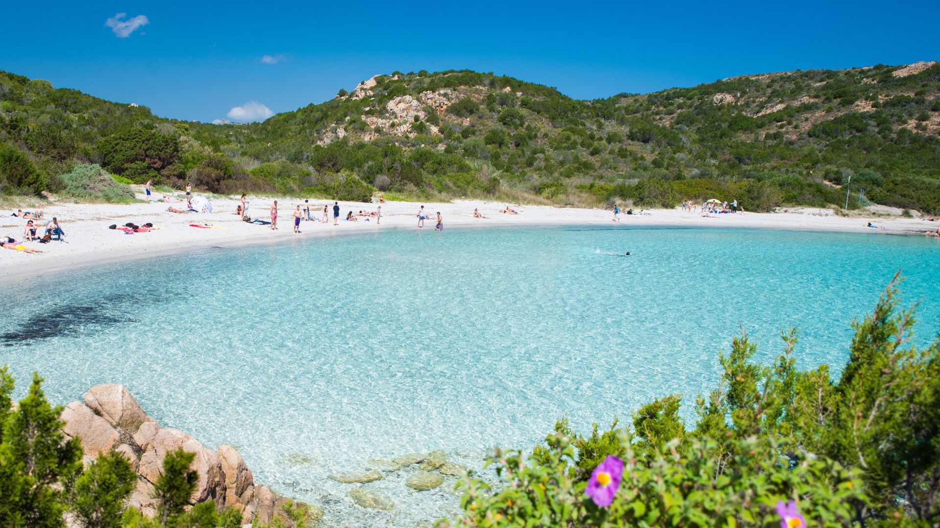 Scenic view of Spiaggia del Principe, Costa Smeralda, Sardinia, Italy caracterized by turquoise waters, mountains of greenery, white sand,