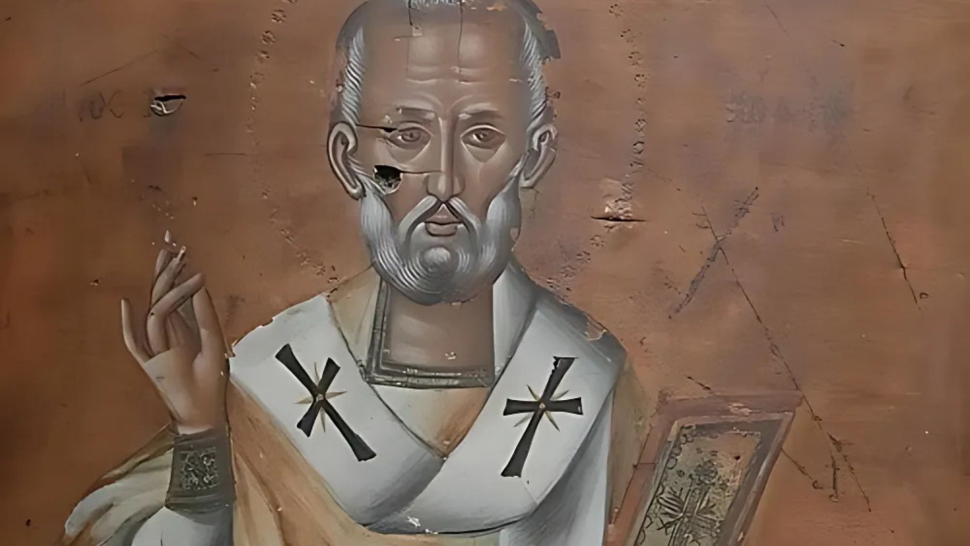 The image shows an icon of Saint Nicholas, depicted in traditional Orthodox Christian iconography.