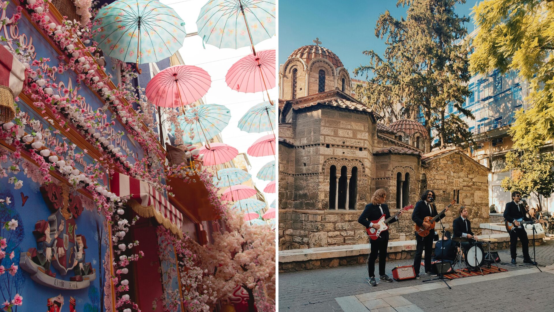Street alley with umbrella decors - street musicians - Athens