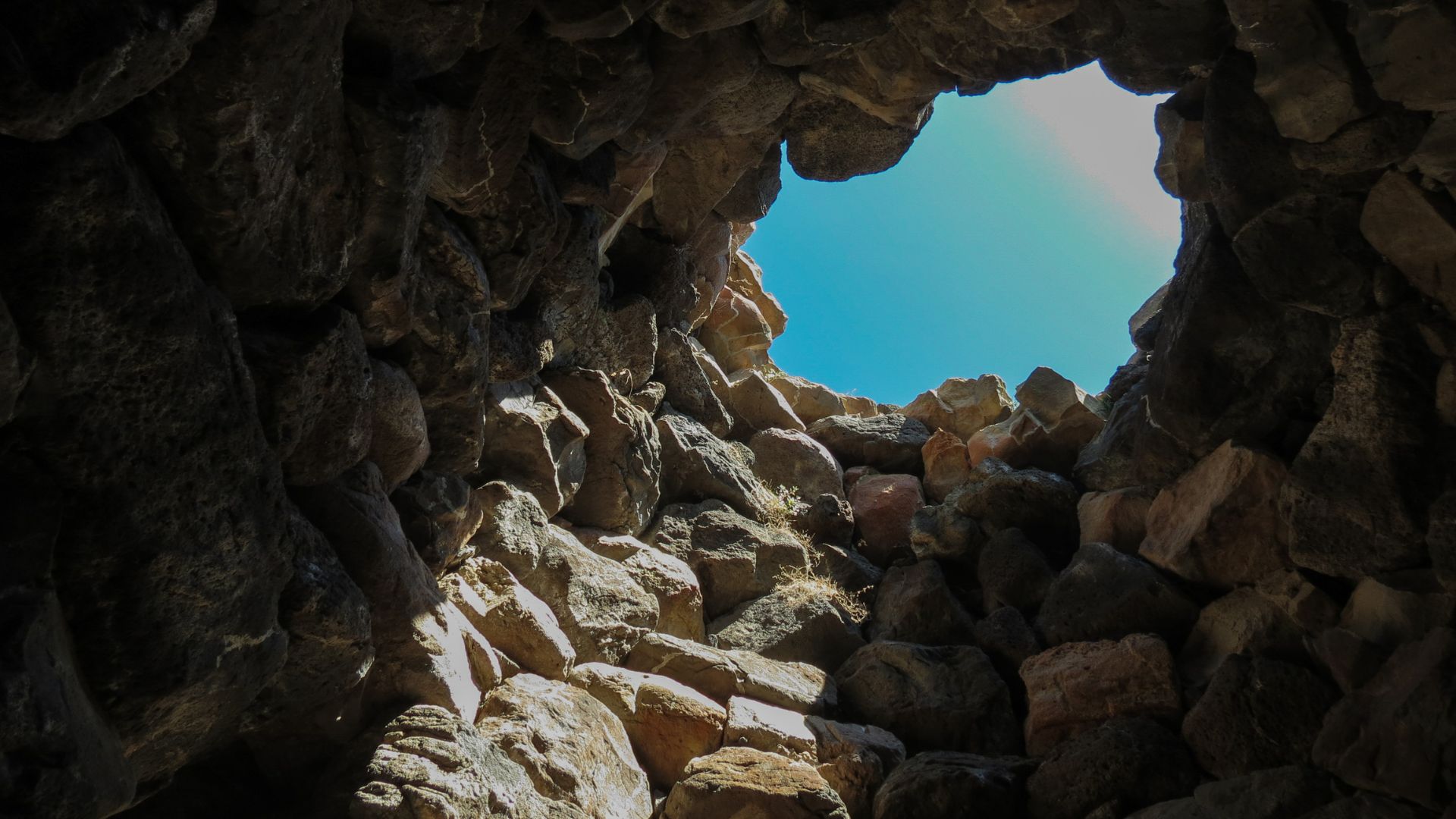 Su Nuraxi, a large, complex nuragic archaeological site in Sardinia, Italy, featuring insode of the central tower.