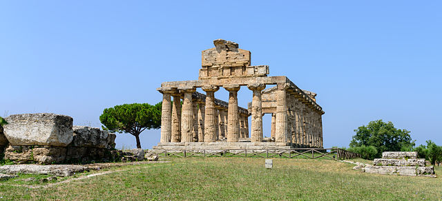View of the Temple of Athena (Minerva) in Poseidonia (Paestum), Campania, Italy.