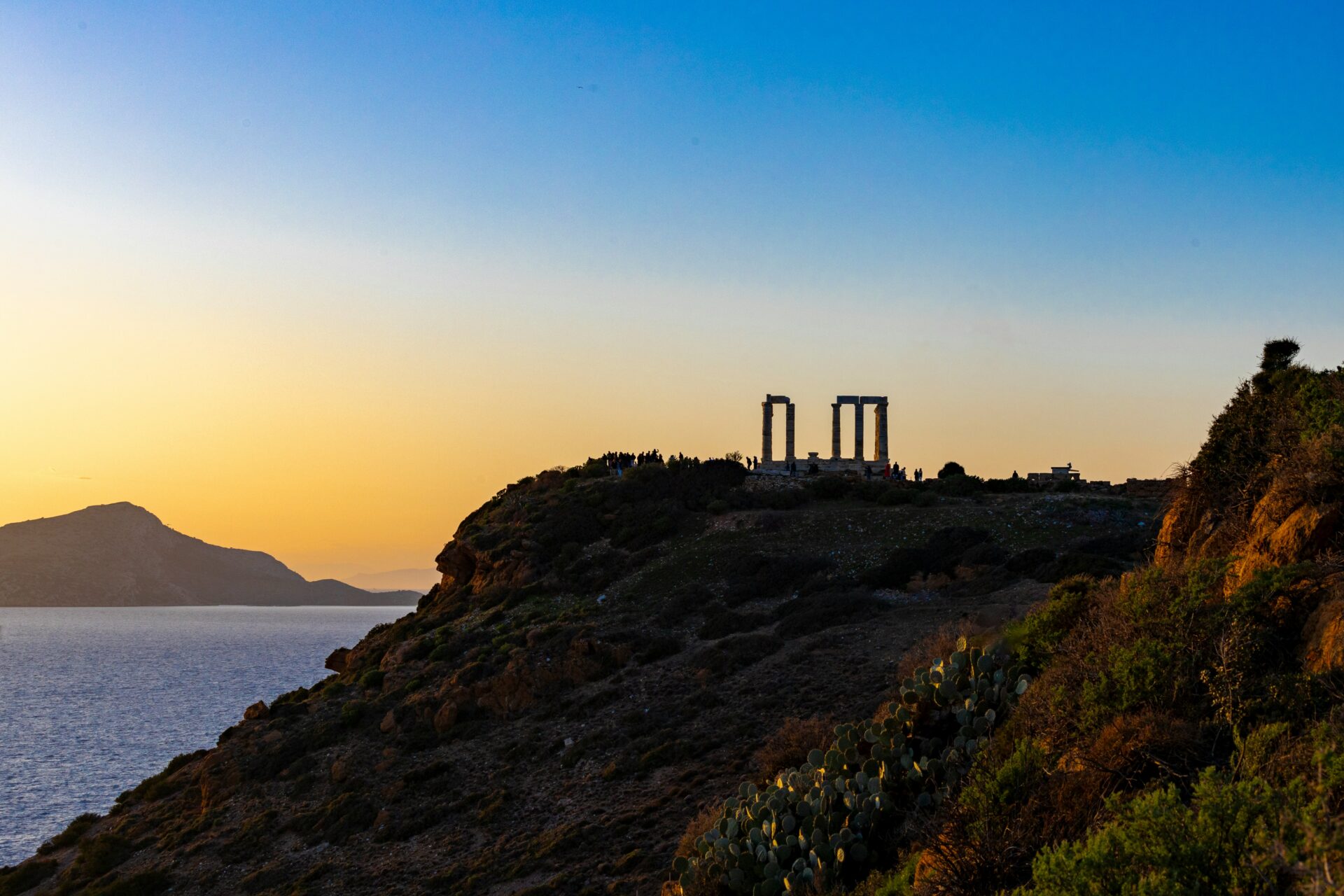 Temple of Poseidon, Sounion, Greece during sunset.