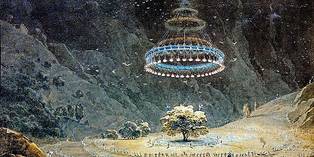 Mythical depiction of the Benevento Walnut Tree with witches dancing in a circle under a glowing, floating chandelier-like structure in a mountainous landscape.