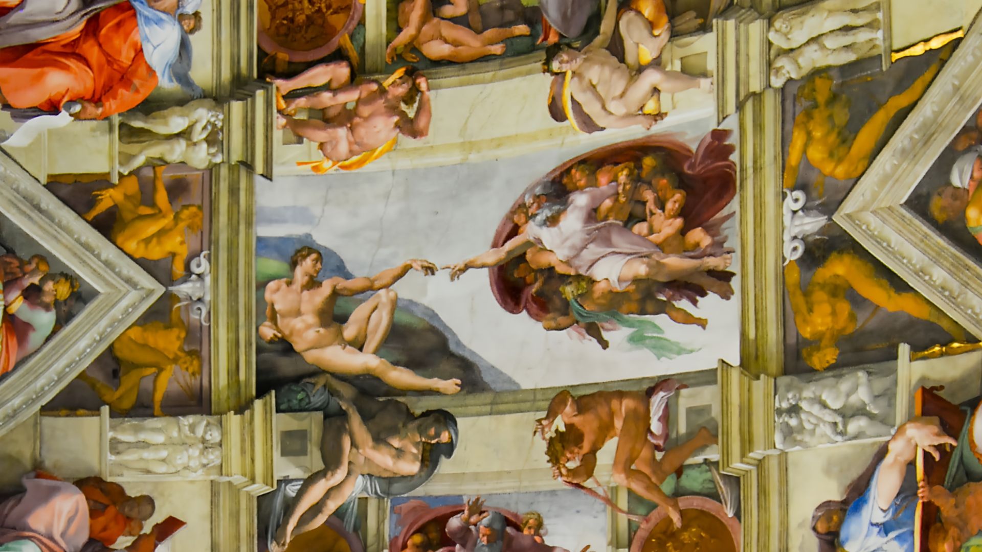 The Creation of Adam in ceiling of The Sistine Chapel, Italy