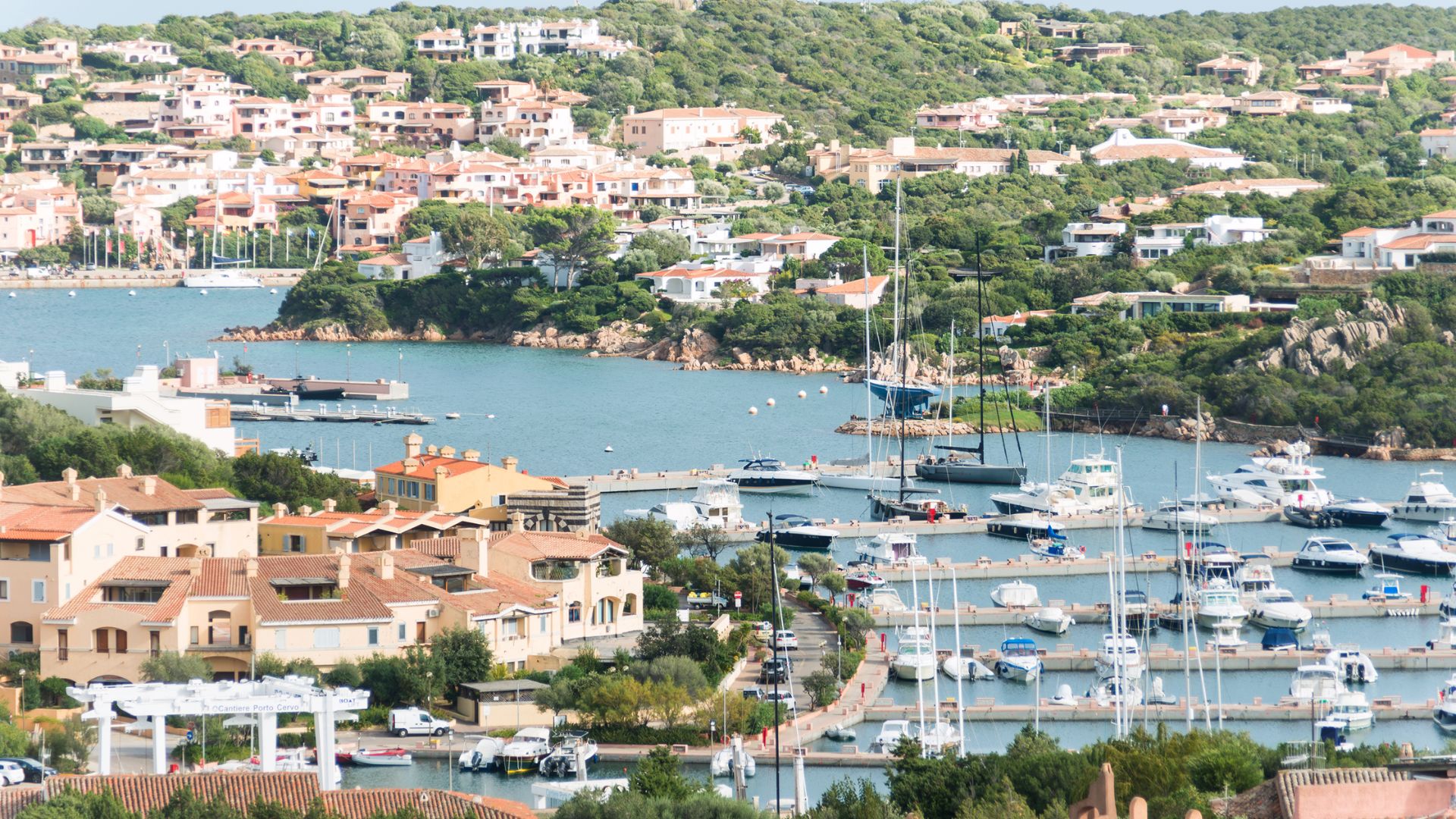 Aerial view of The Yacht Club Costa Smeralda, Porto Cervo, Sardinia, Italy.