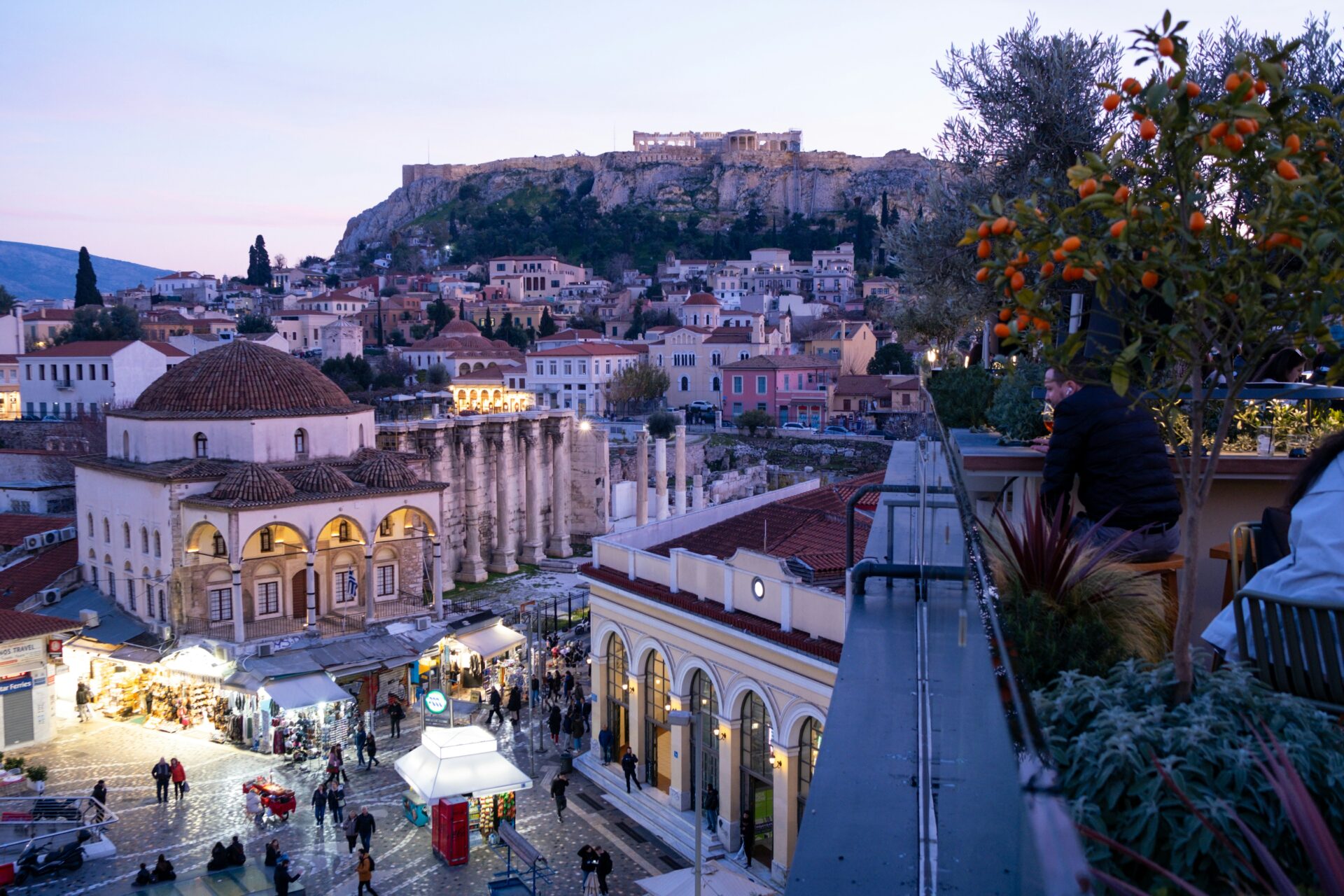 View of Acropolis from a rooftop cafe in Athens