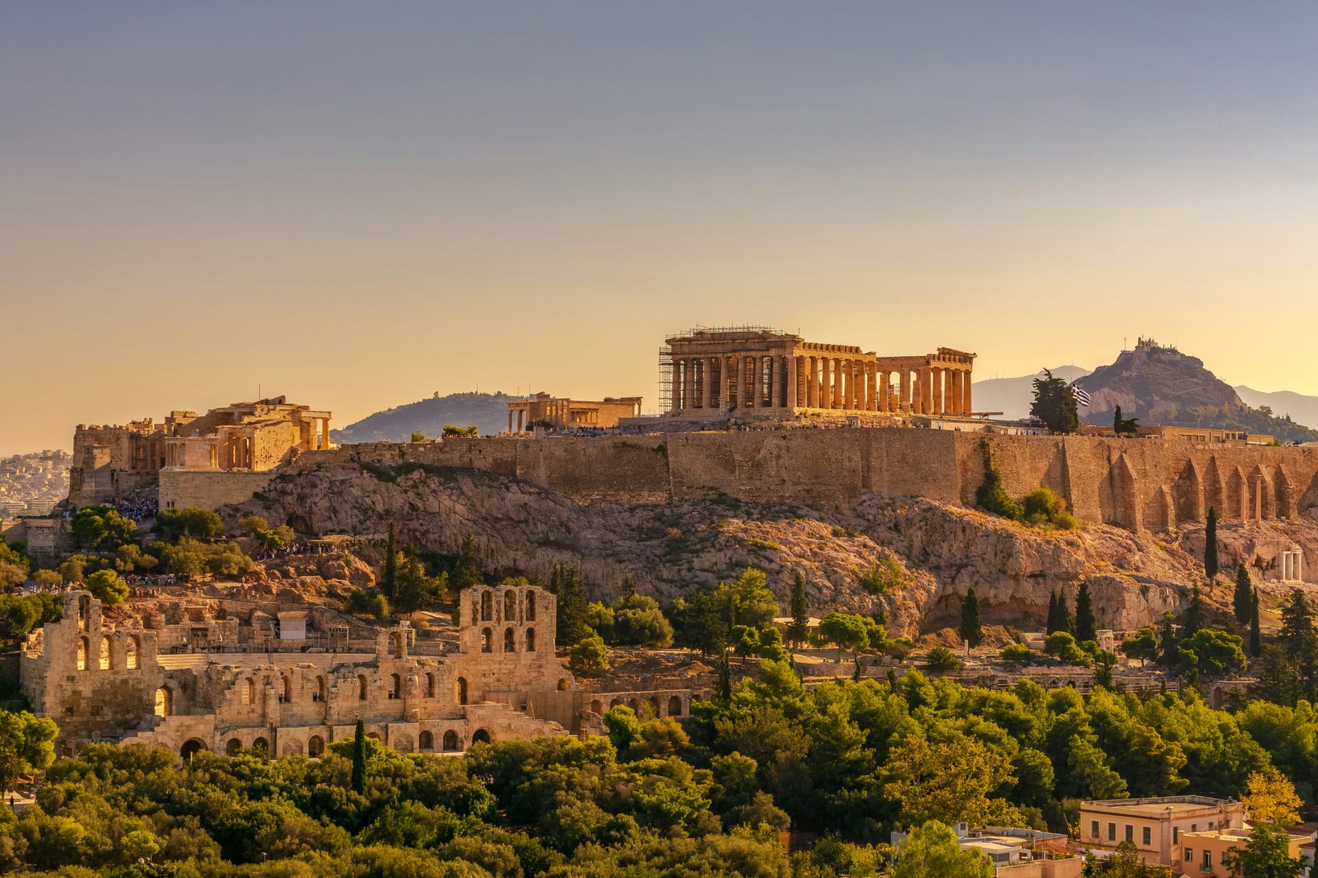 View of Acropolis of Athens with Parthenon and Erechtheion from Philopappos Hill (Filopappou)