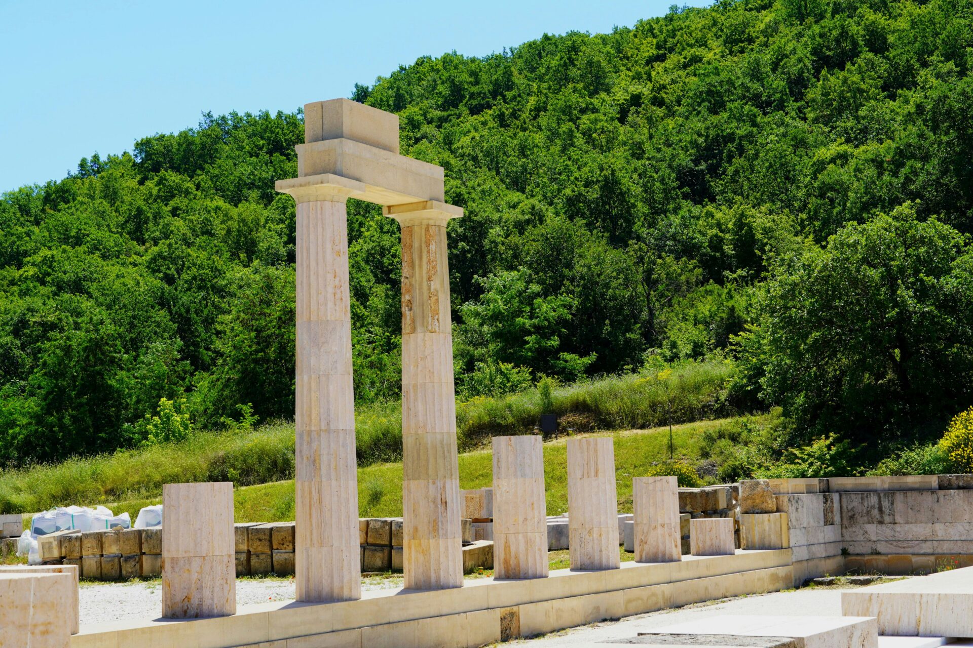 Stone foundations and partial columns of the Palace of Aigai in Vergina