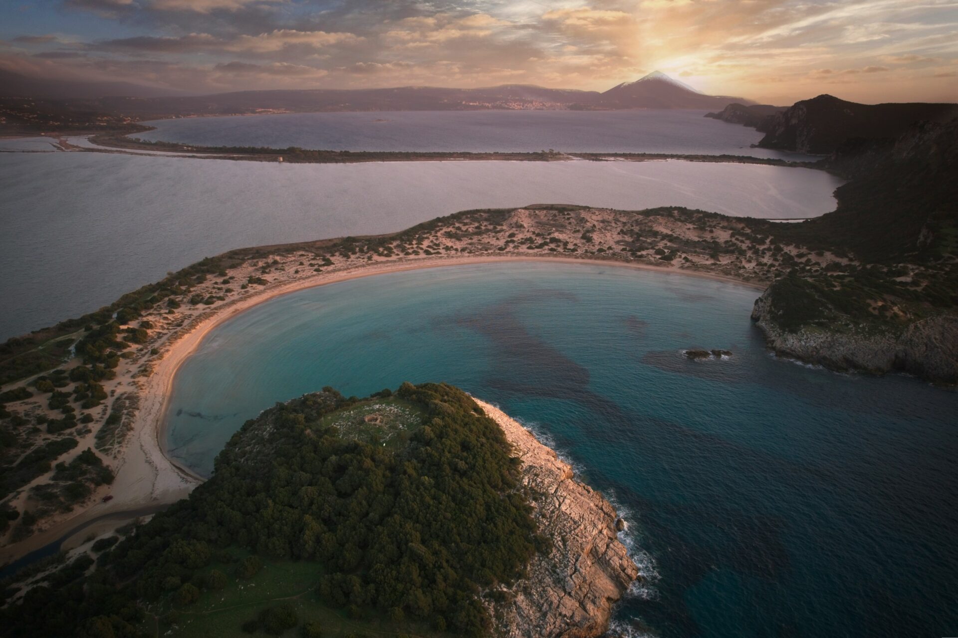 Aerial view of Voidokilia Beach in Greece