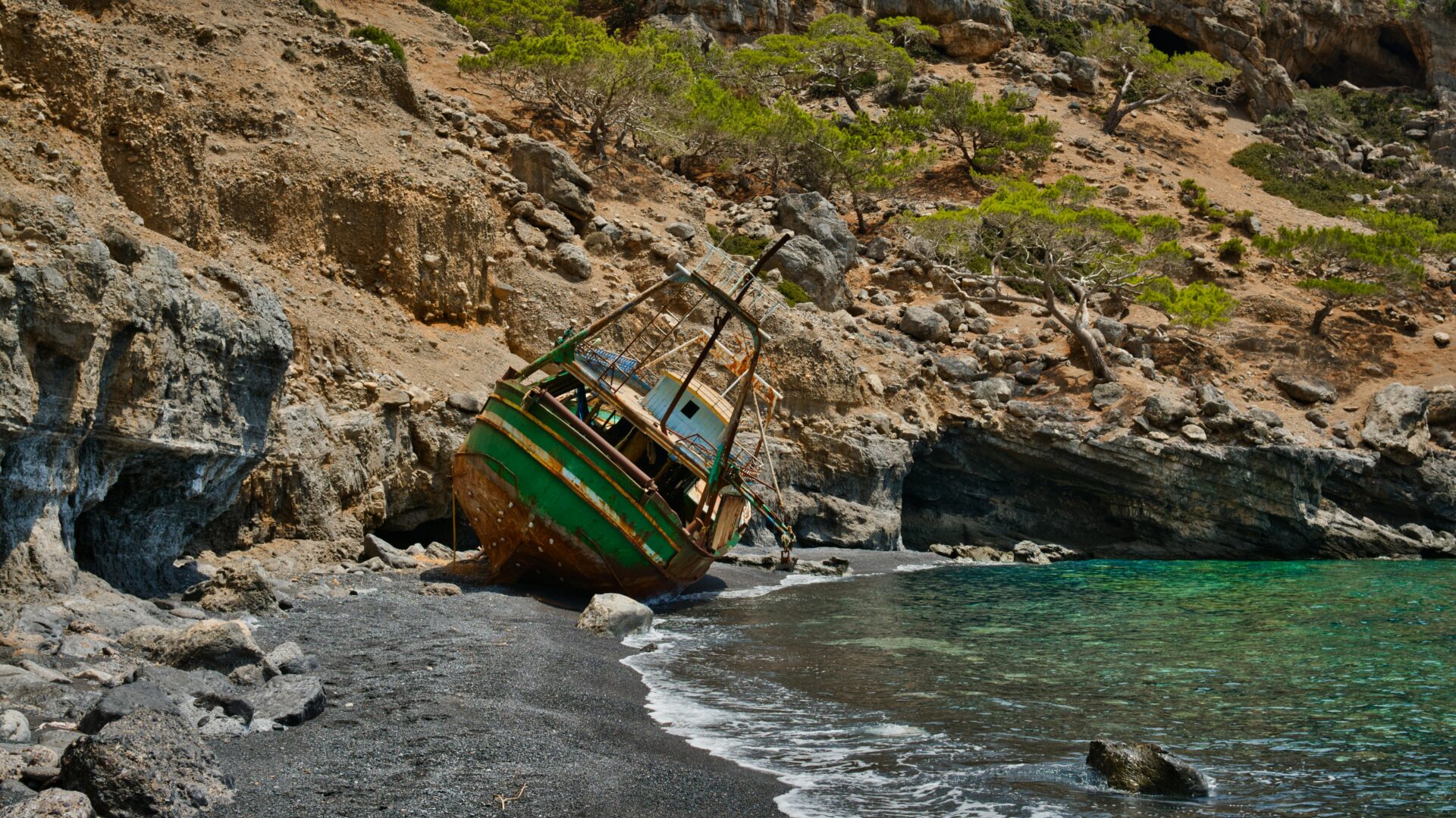Wrecked Fishing Boat at the Seashore - Rethymno, Greece