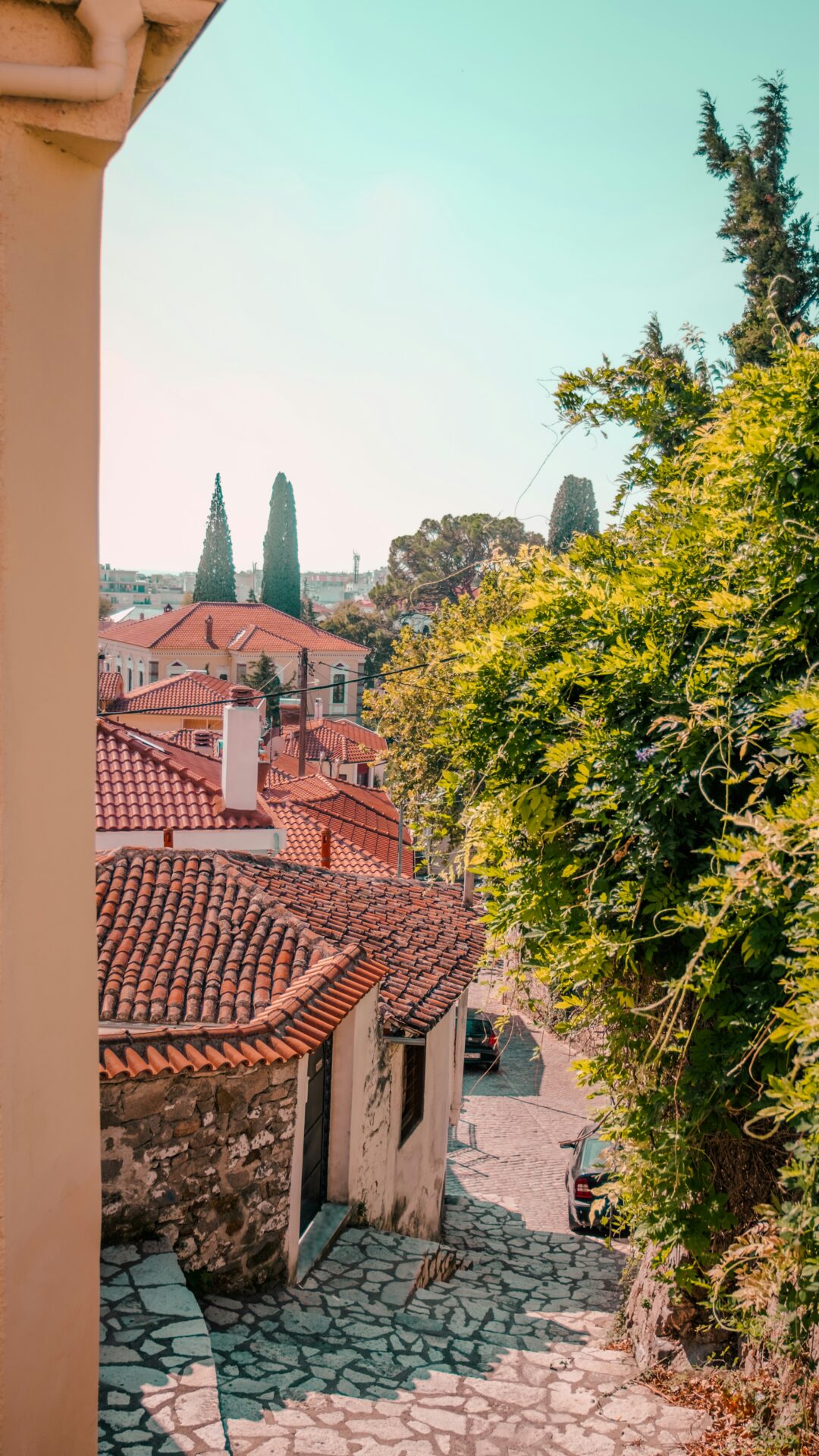 Narrow cobblestone streets of Xanthi Old Town,