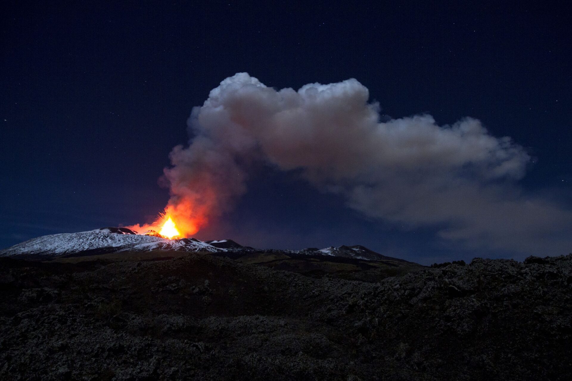 night view of Mt Etna's ash plume