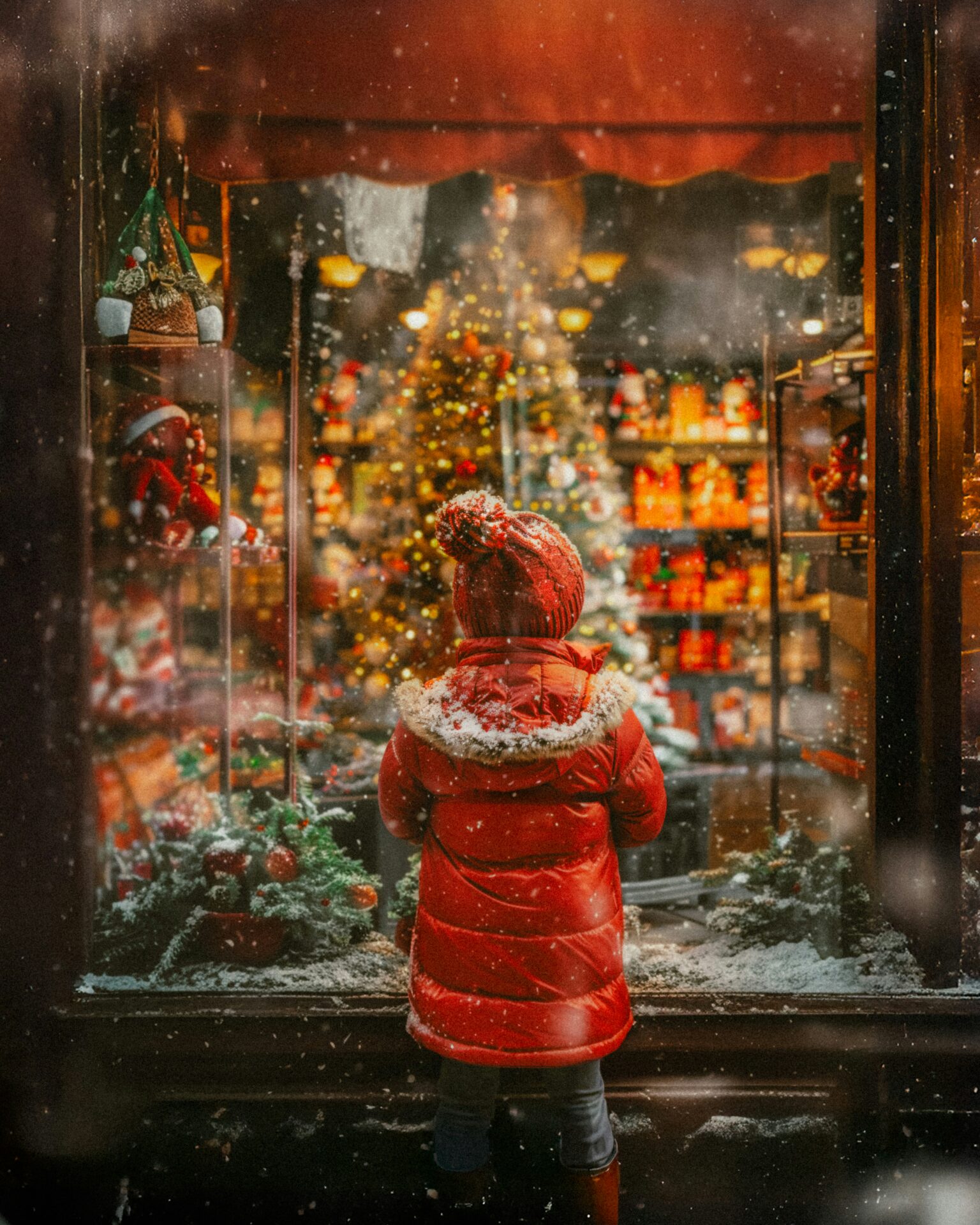 A person in a red coat admiring a decorated Christmas tree in the festive old town of Rothenburg ob der Tauber