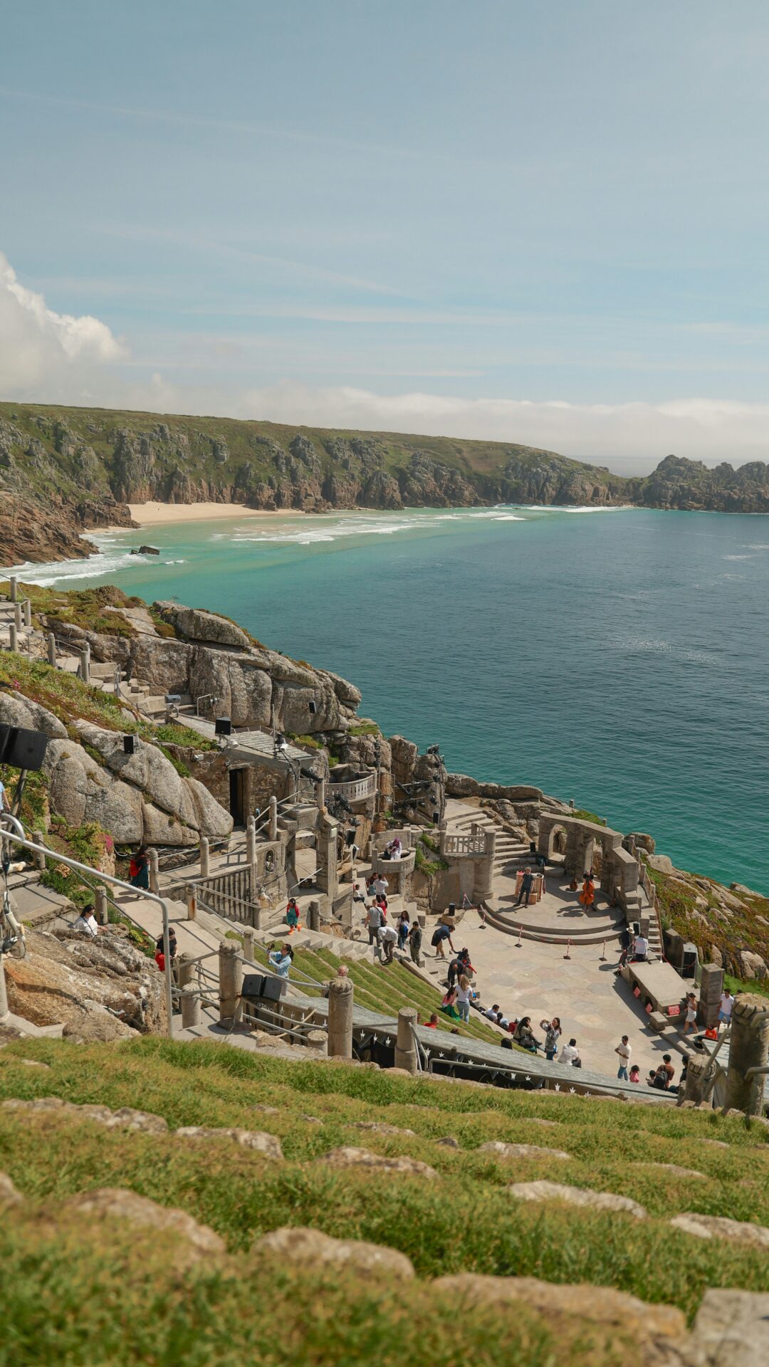 Aerial view of the Minack Theatre perched on cliffs