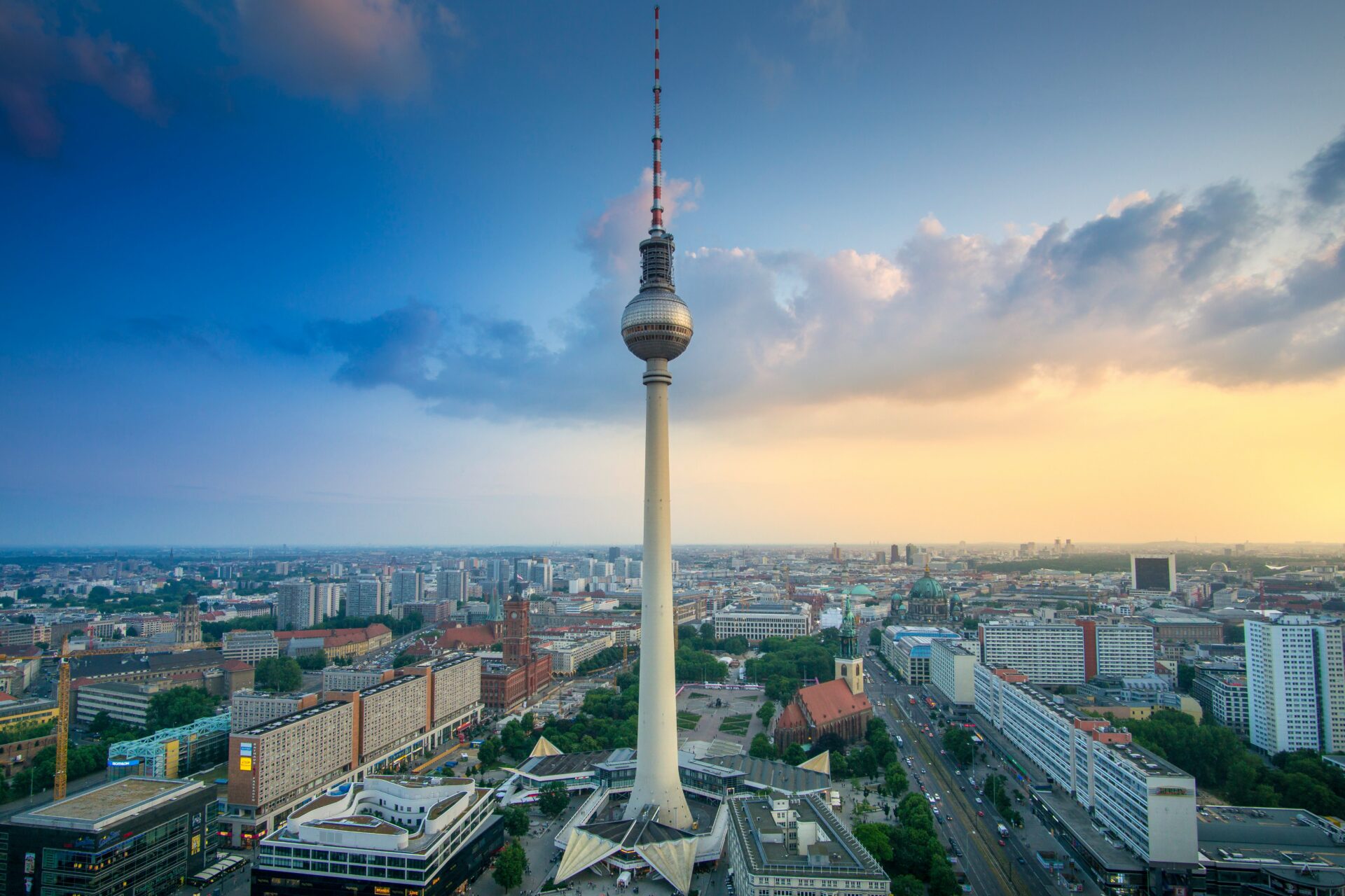 Iconic Fernsehturm with clear blue sky in Berlin