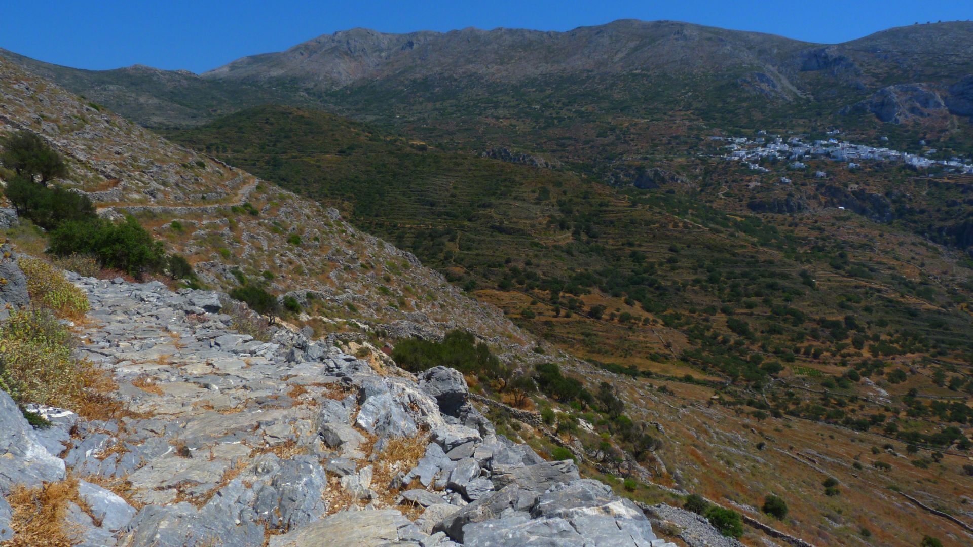 A stone path winds up a hillside with a village in the distance.