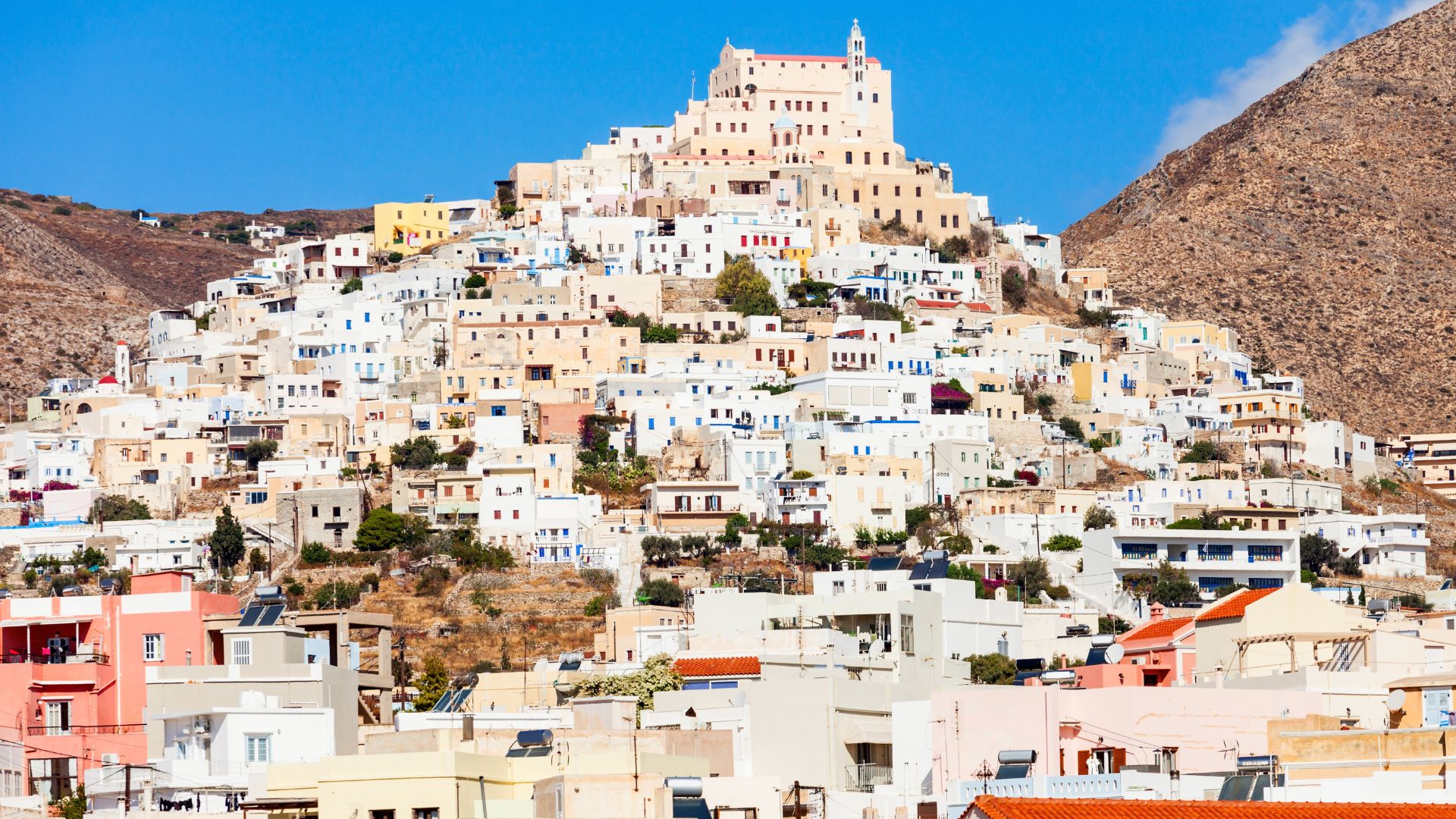 Ermoupoli, the capital of Syros Island, Greece, with its colorful buildings and stunning architecture.