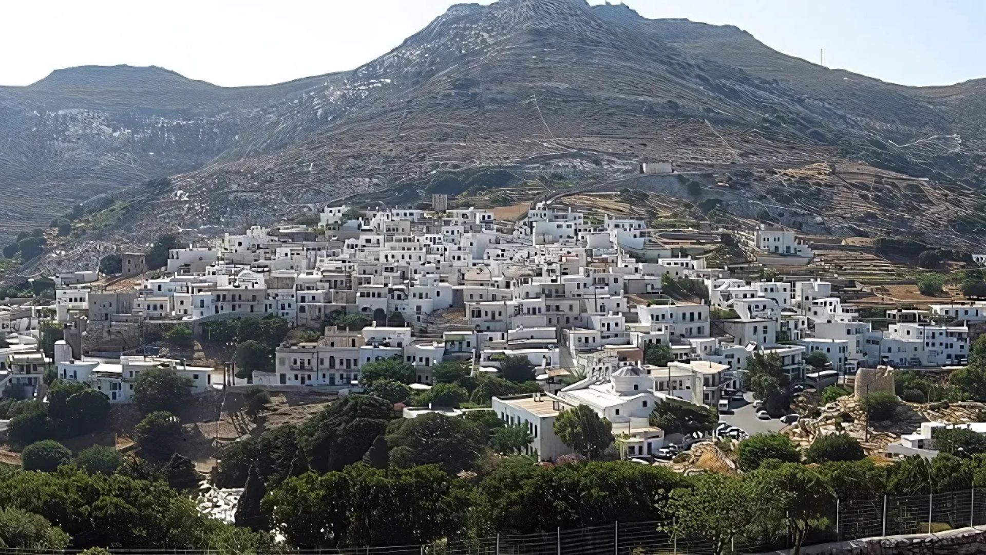 Apeiranthos village nestled in the mountains of Naxos, Greece.
