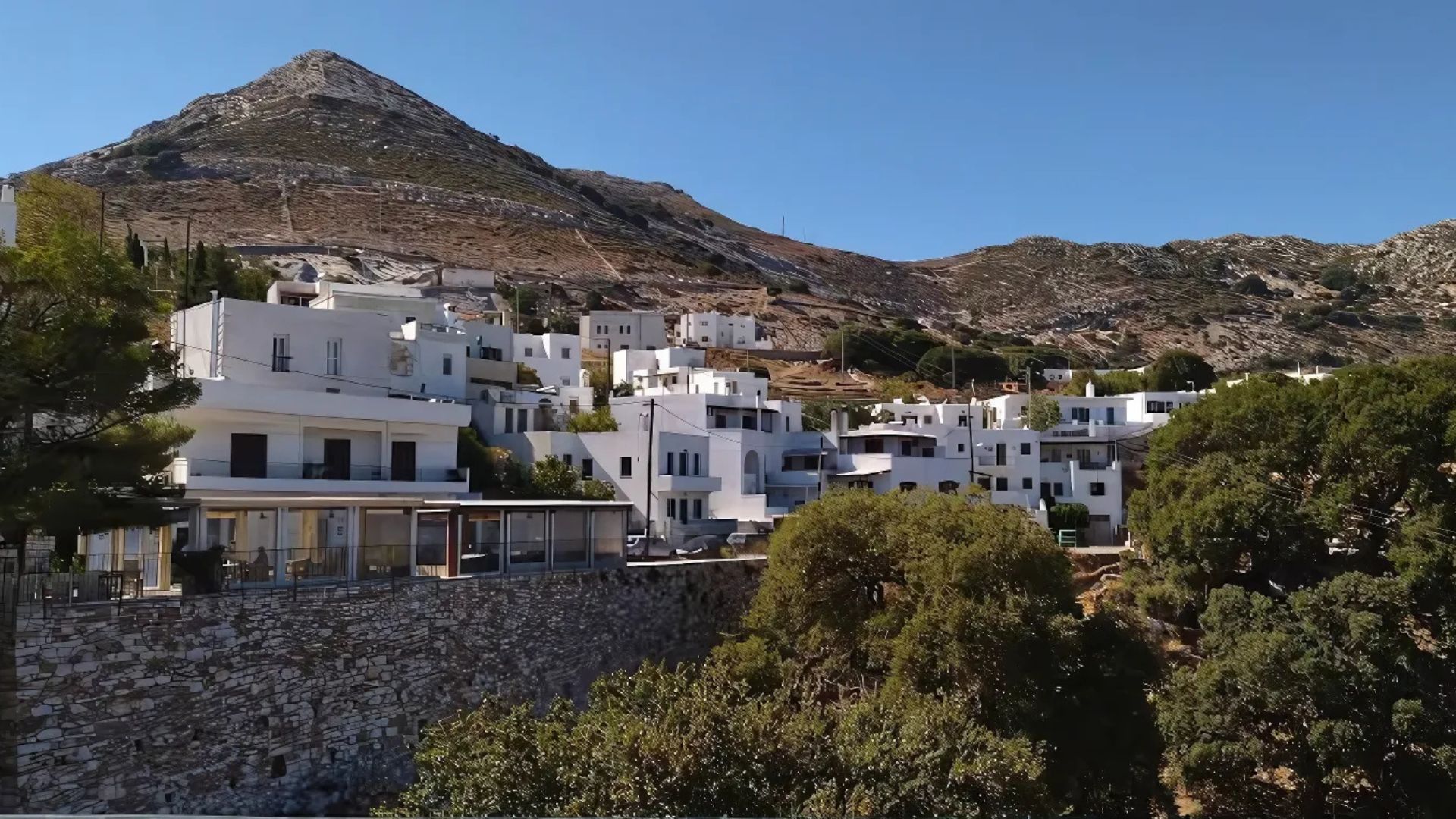 Apeiranthos village nestled in the mountains of Naxos, Greece.