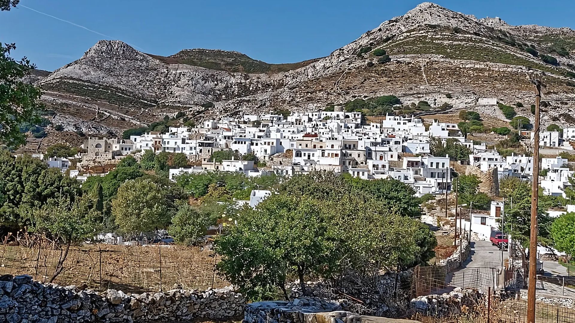 Apeiranthos village nestled in the mountains of Naxos, Greece.