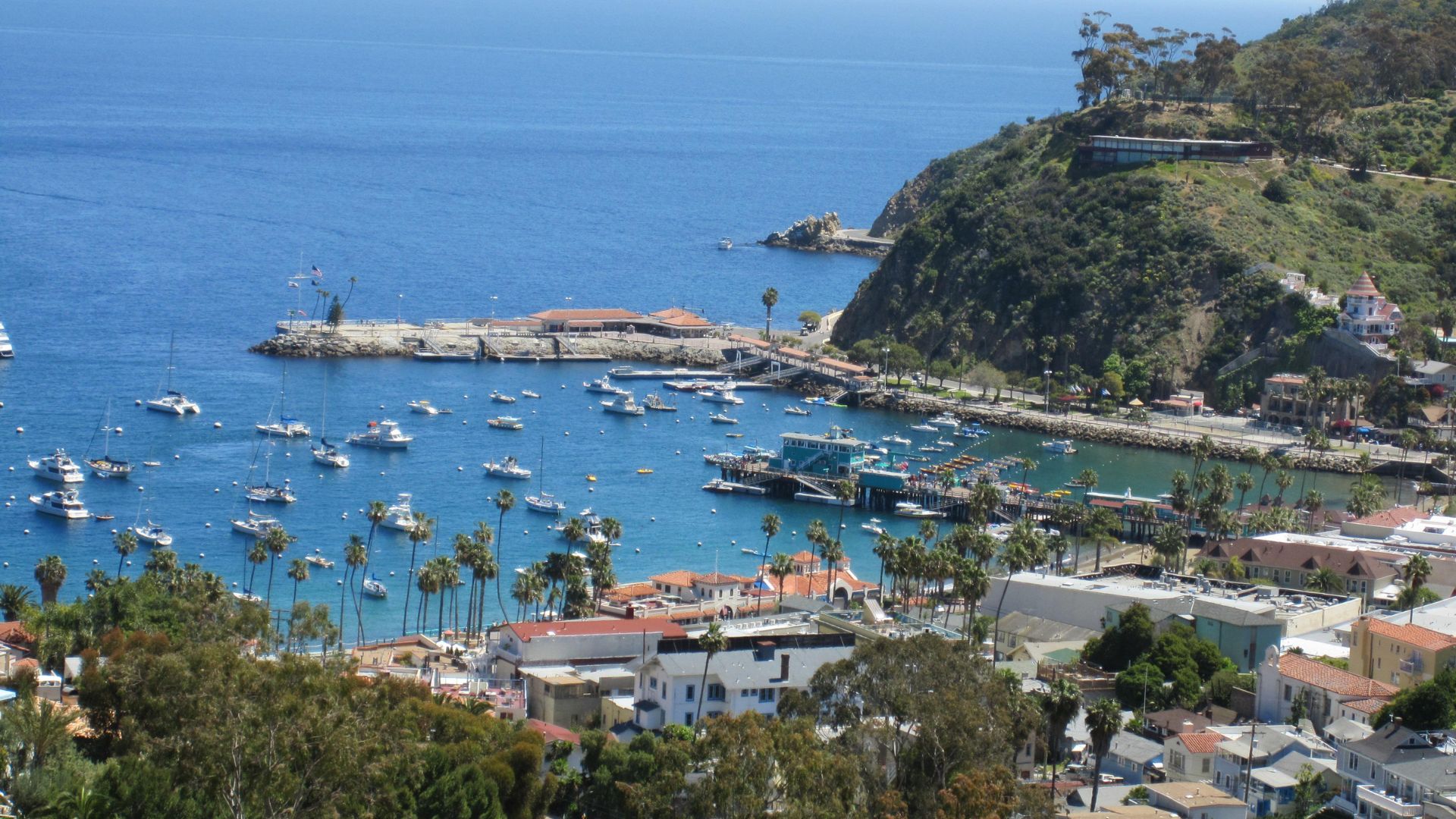 A scenic aerial view of Avalon Harbor on Catalina Island, California, featuring numerous boats anchored in the clear blue water, surrounded by lush green hills and the charming buildings of Avalon town along the waterfront.
