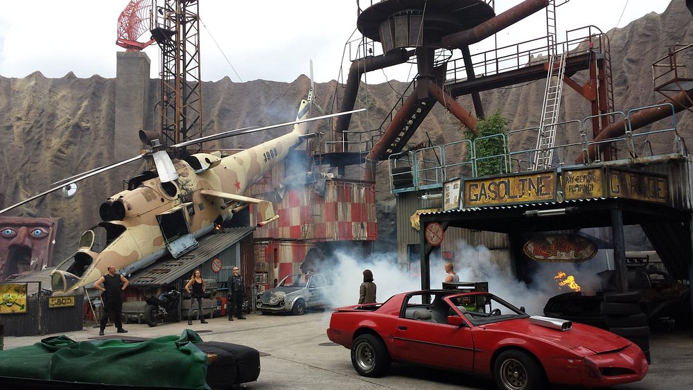 Stunt show performance with fire and action effects at Babelsberg Film Park