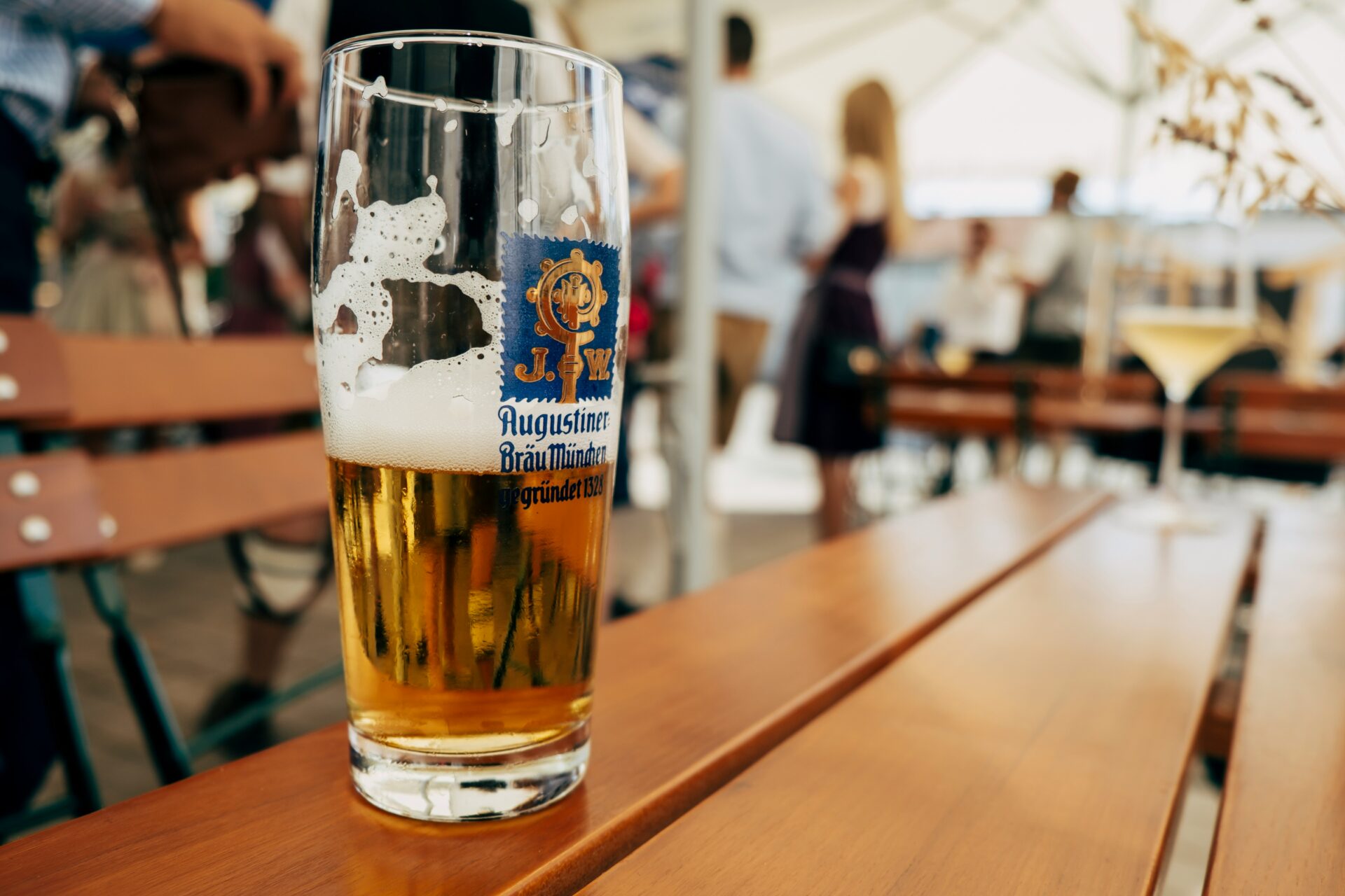Beer at the wooden in Table in Munich Biergarten