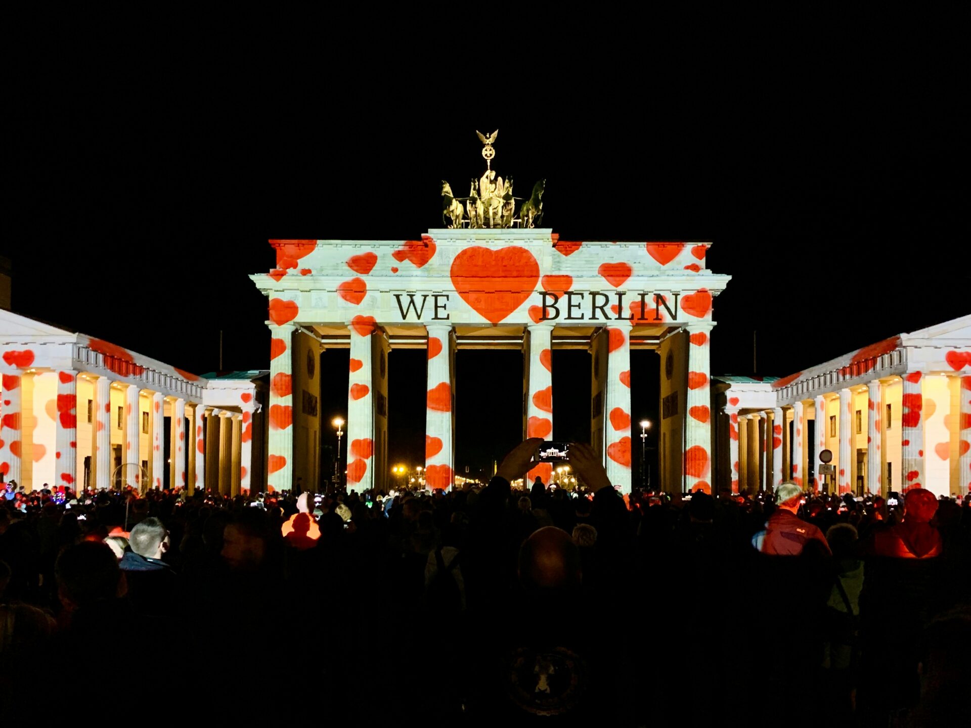 Animated artwork projected onto the Brandenburg Gate during the Berlin Festival of Lights.