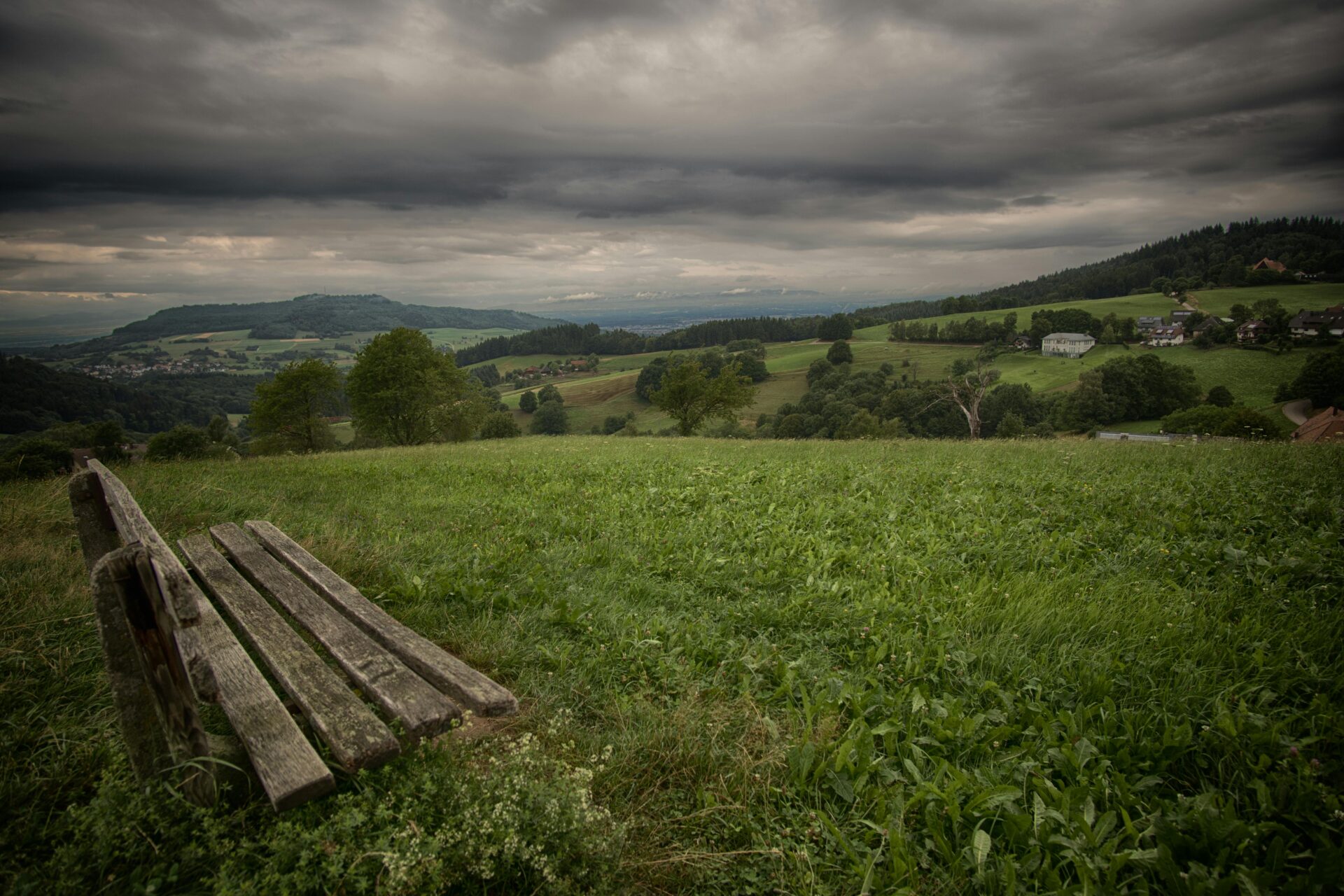 Wooden bench overlooking a peaceful Black Forest landscape