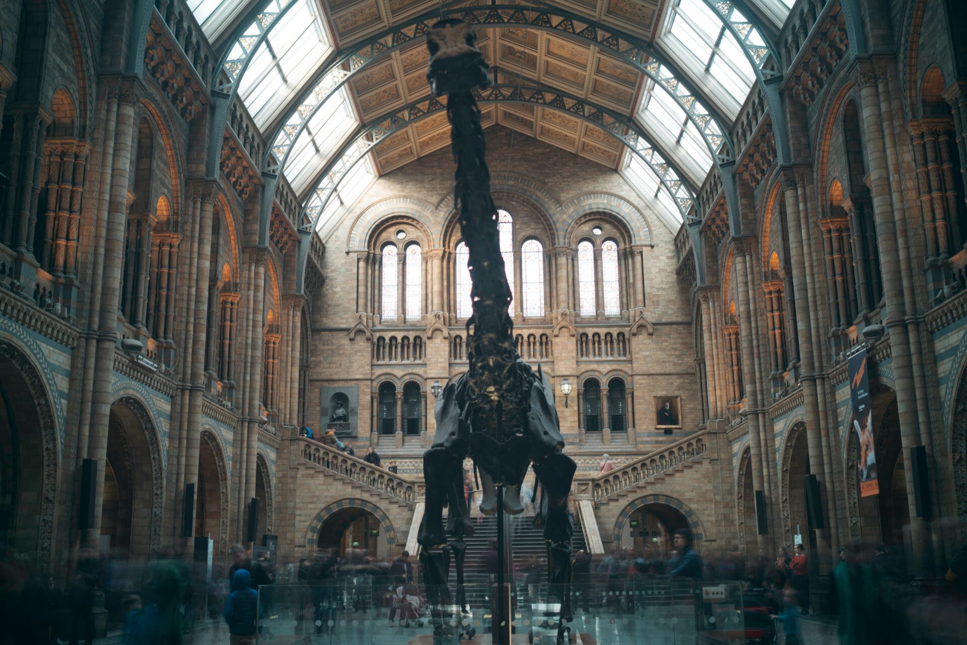 Black metal T. rex sculpture at the Natural History Museum surrounded by daytime visitors