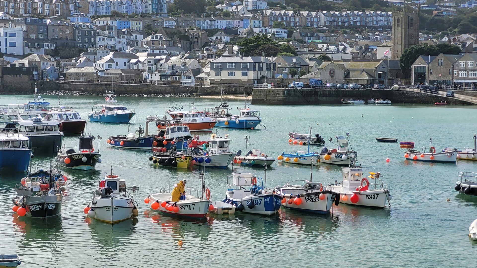 Boats moored in the harbor at St Ives