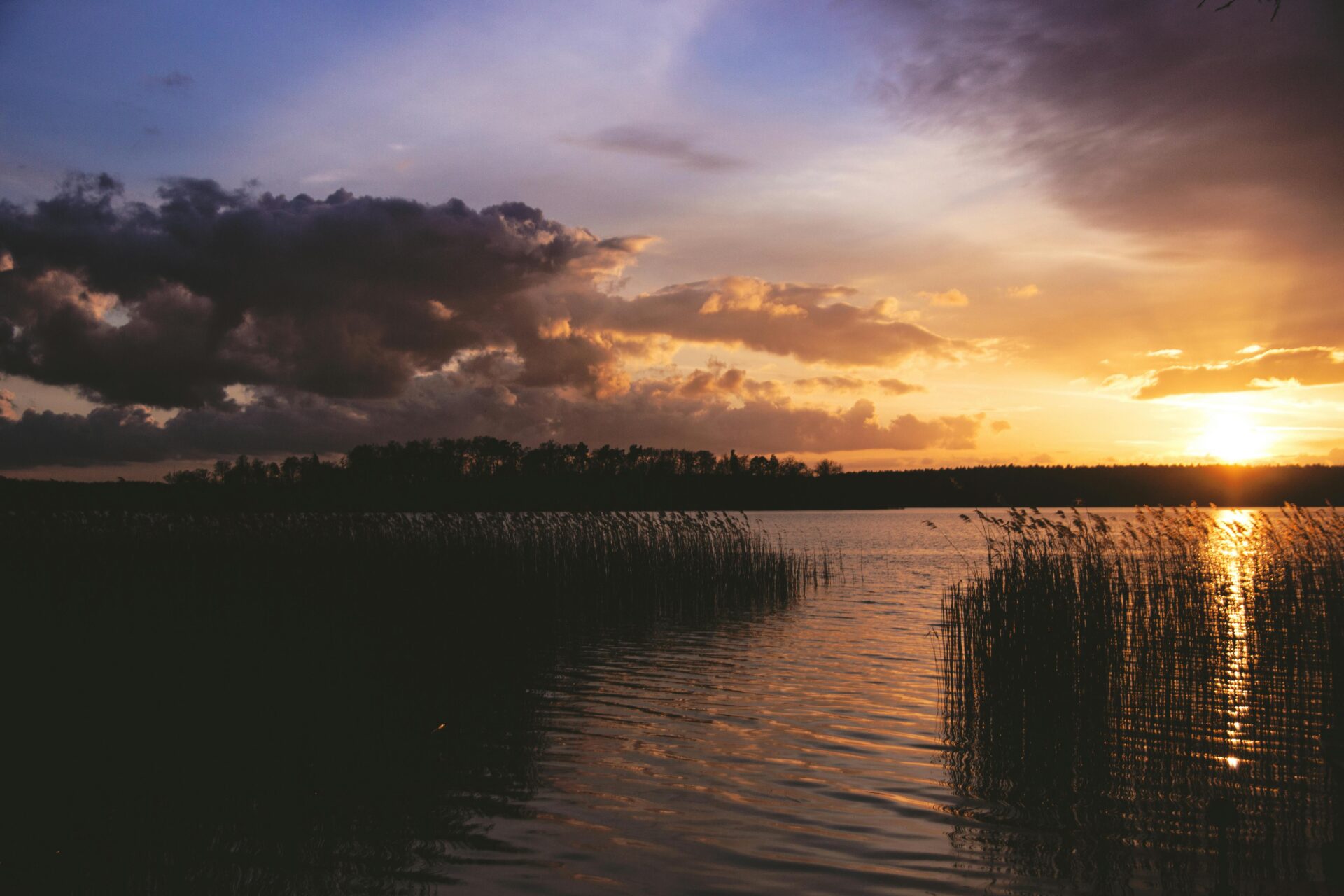 Golden sun dipping below the horizon over a peaceful Brandenburg lake.