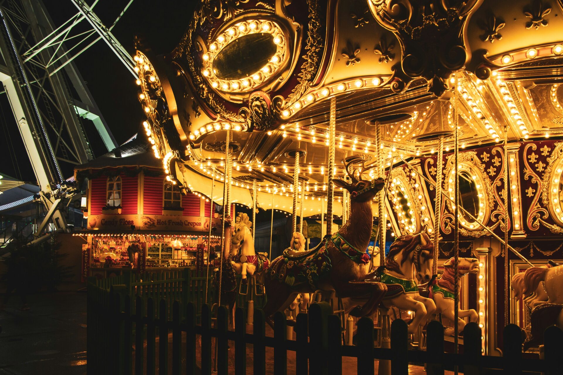 Carousel spinning at night in Hyde Park Winter Wonderland